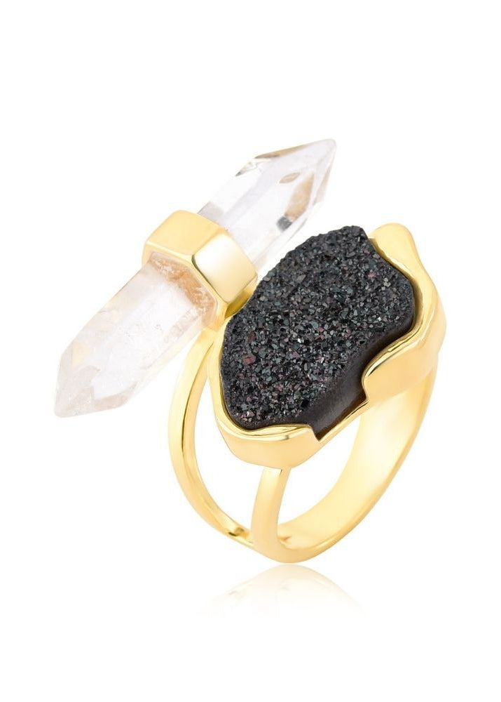 Gold Plated Ring with black stone and crystal