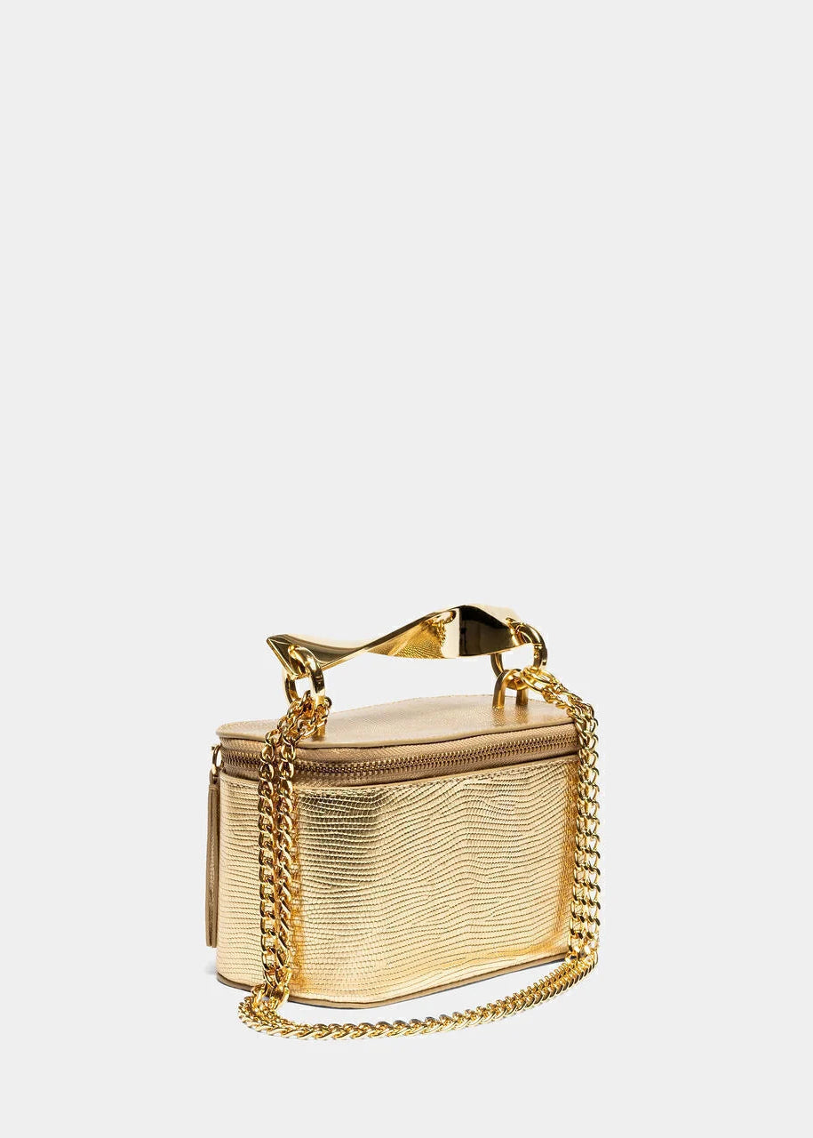 Gold handbag with chain detail on a white background