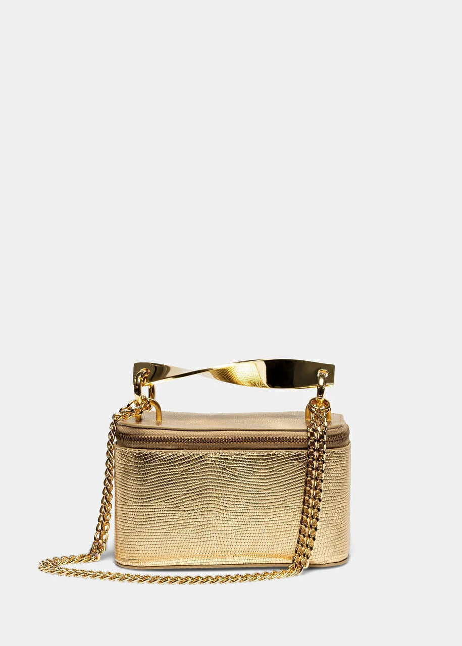 A metallic gold textured clutch bag with a curved top handle and a gold chain strap, shown against a plain light gray background.