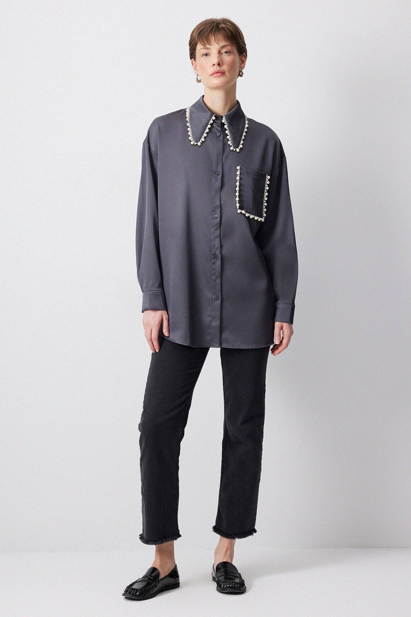 Satin Shirt Pearl Collar