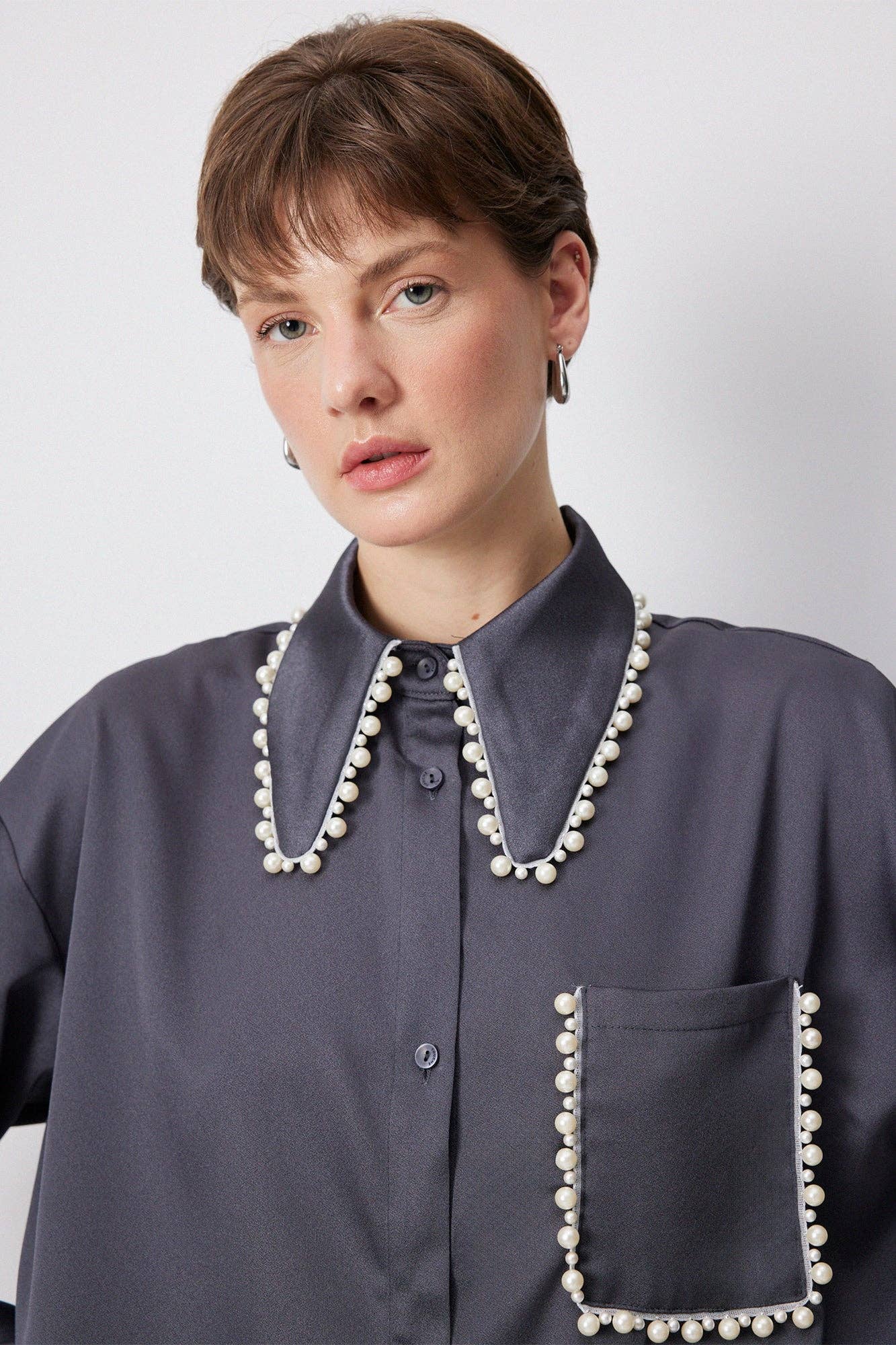 Satin Shirt Pearl Collar