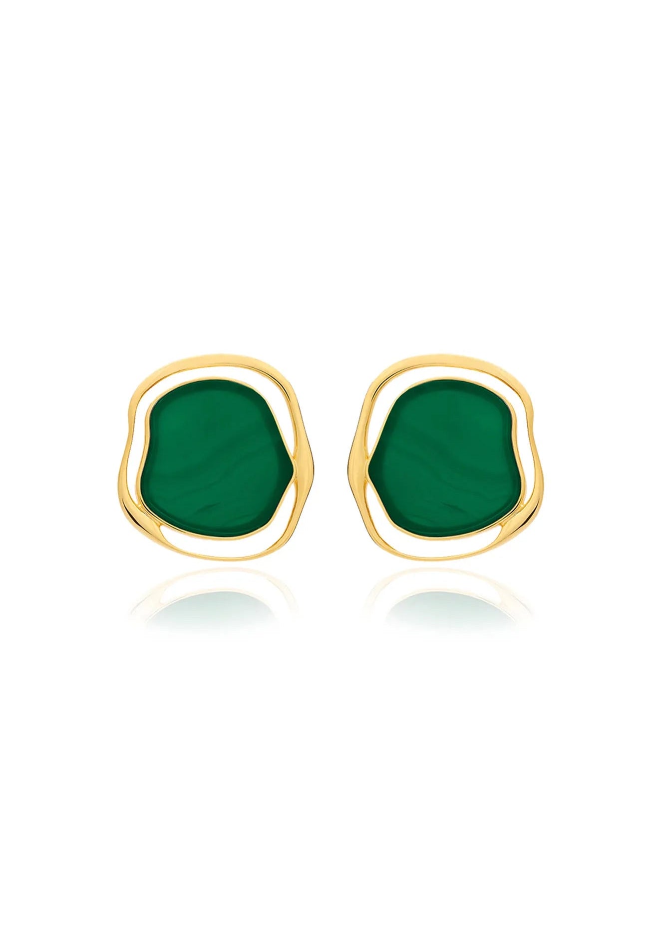 Gold-framed green stone earrings on a white background