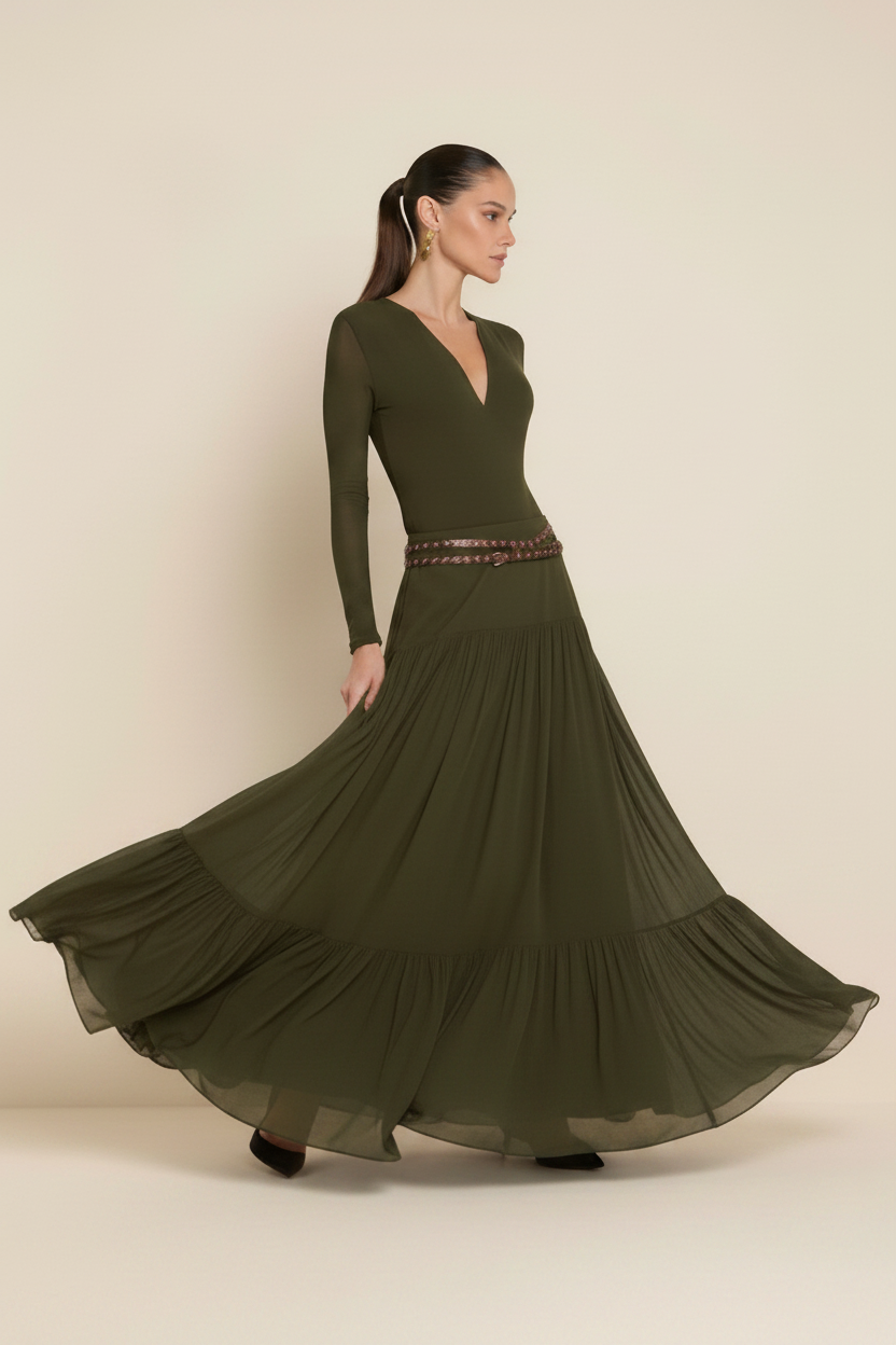A woman modeling a long-sleeve maxi dress in dark brown, featuring a structured bodice, a decorative beaded waistband, and a flowing tiered skirt, set against a plain beige studio background.