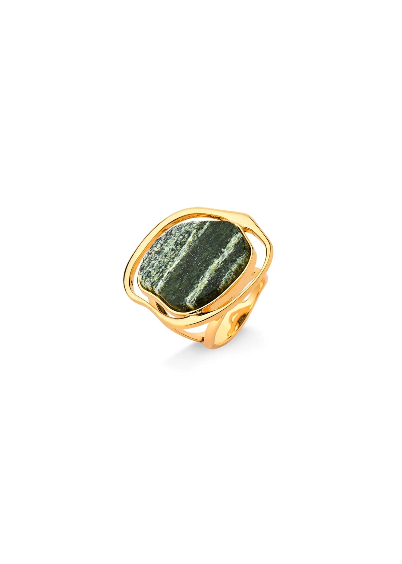 Gold ring with a green stone on a white background