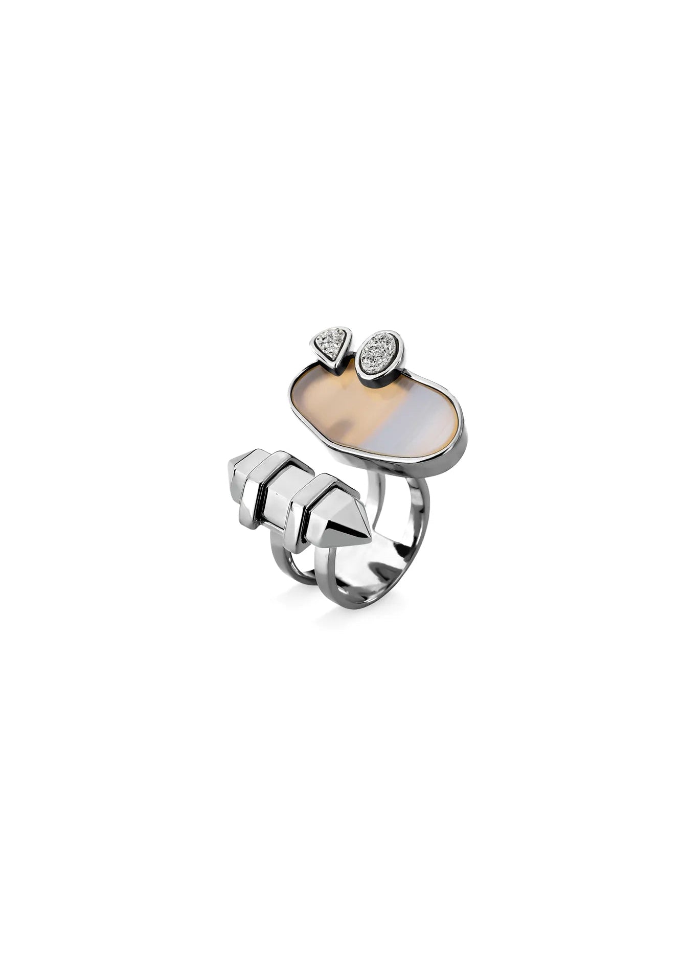Silver ring with a heart-shaped gemstone on a white background