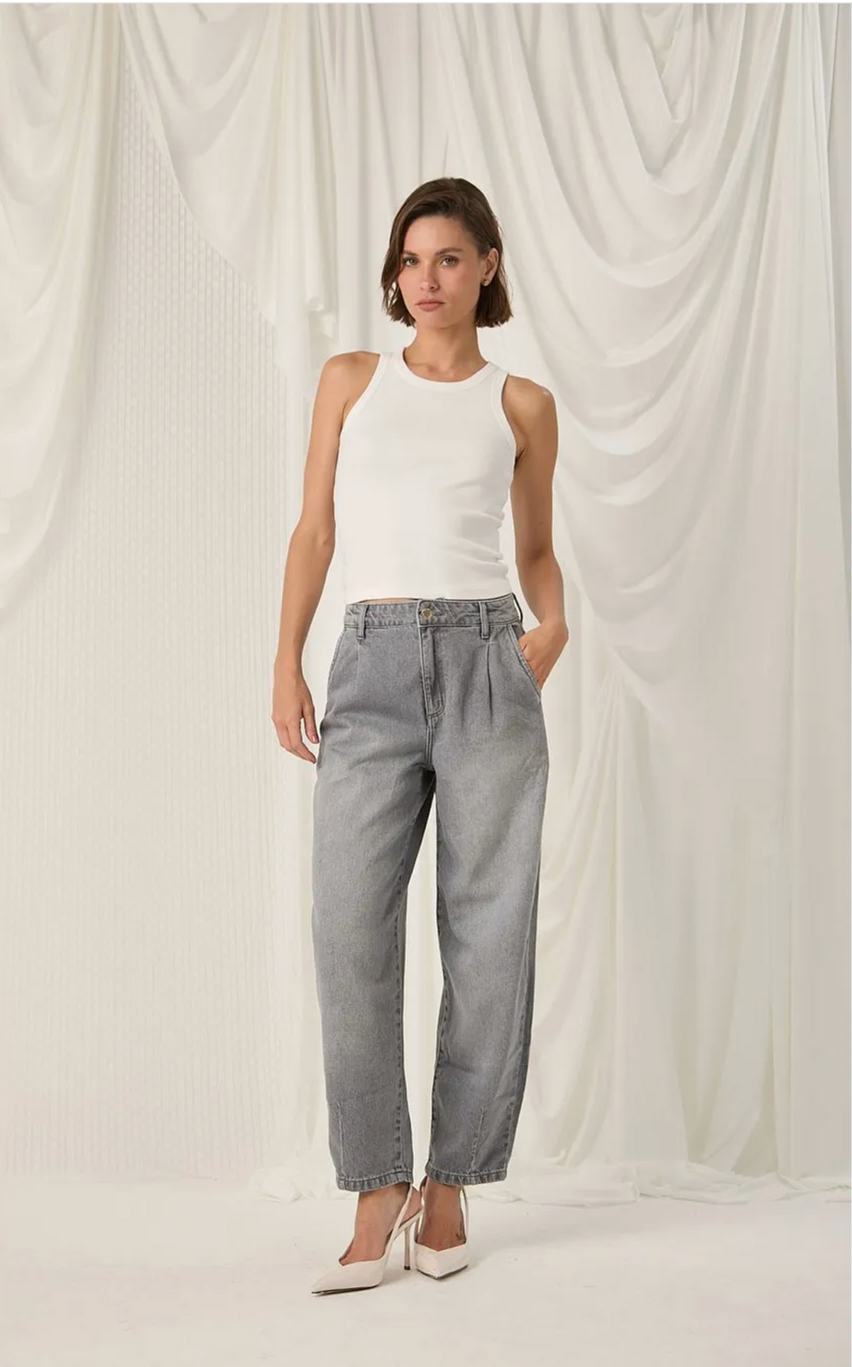 Grey denim balloon pants