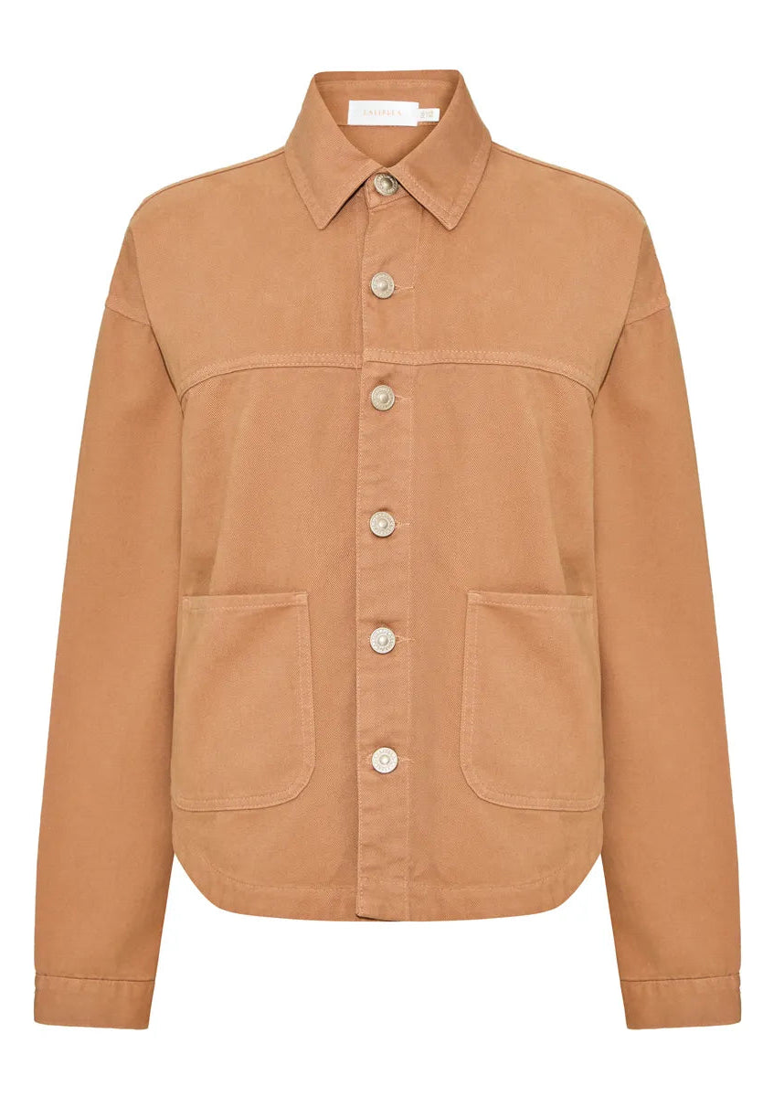 Brown jacket with button details on a white background