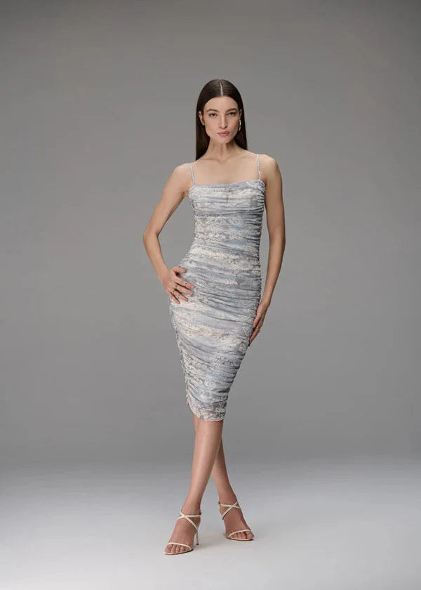 Light Colored Draped Dress with Textured Print and Spaghetti Straps