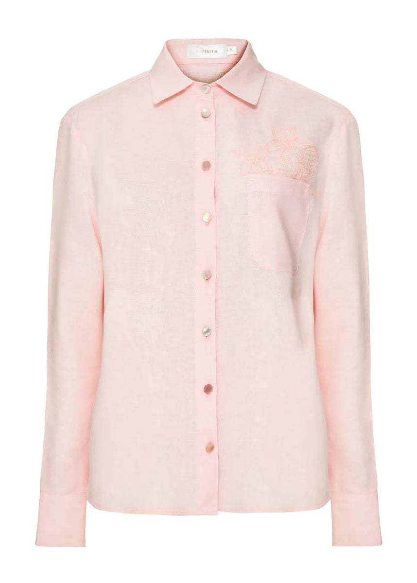 Light pink button-up shirt on a white background