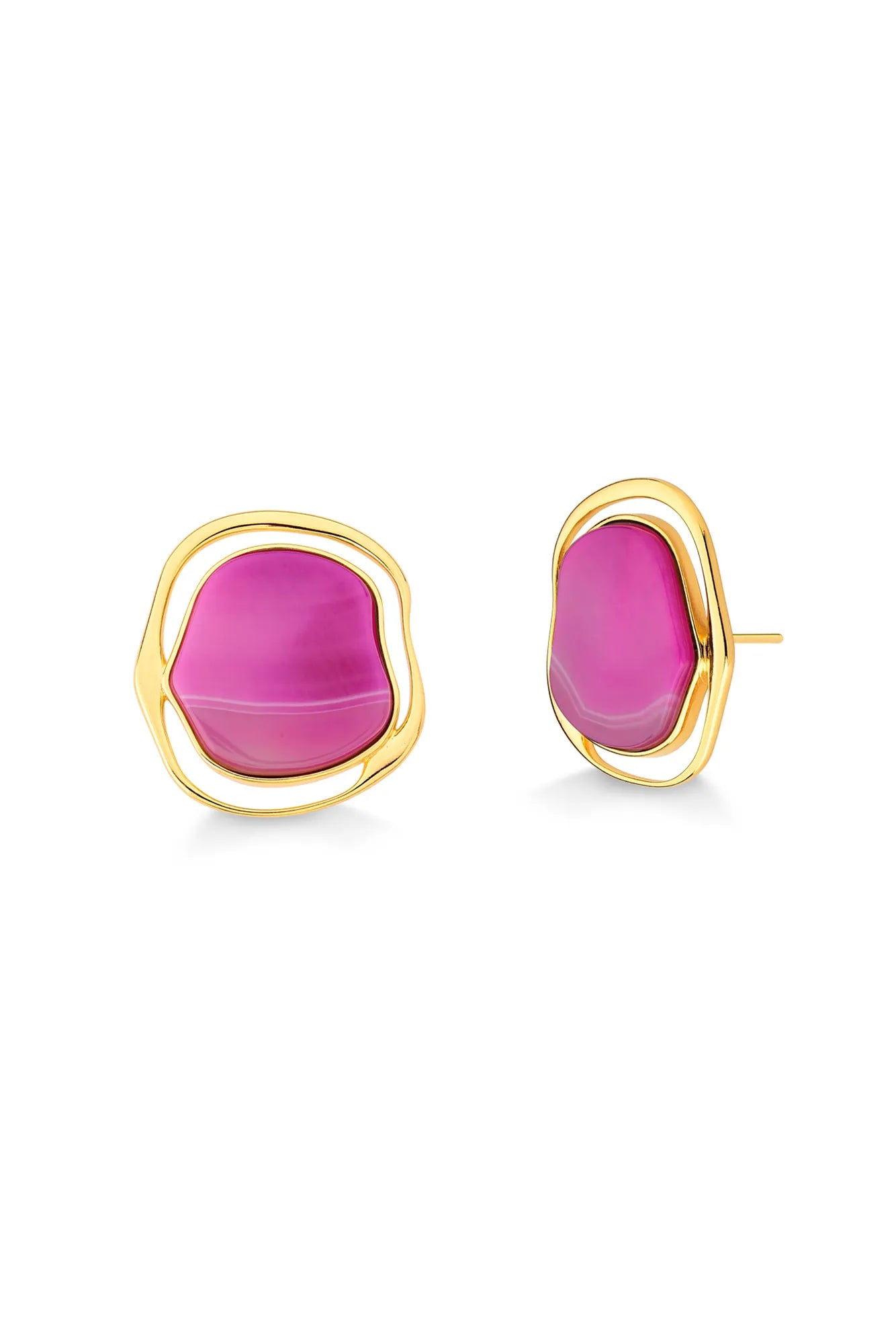 Gold earrings with pink stones on a white background