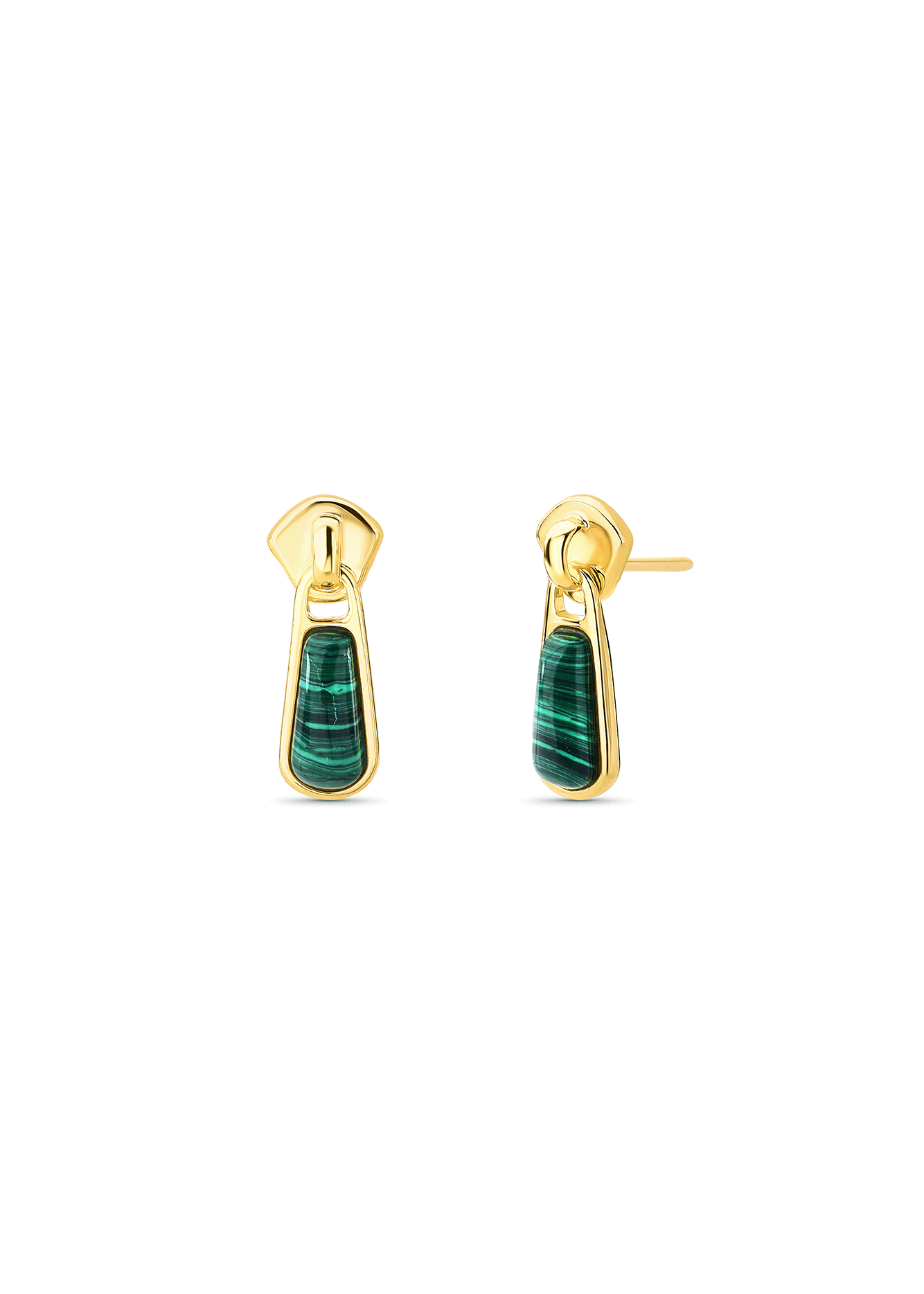 Gold earrings with green stone accents on a white background