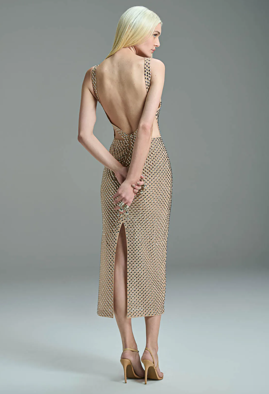 Beige Midi Dress Embroidered & Studs