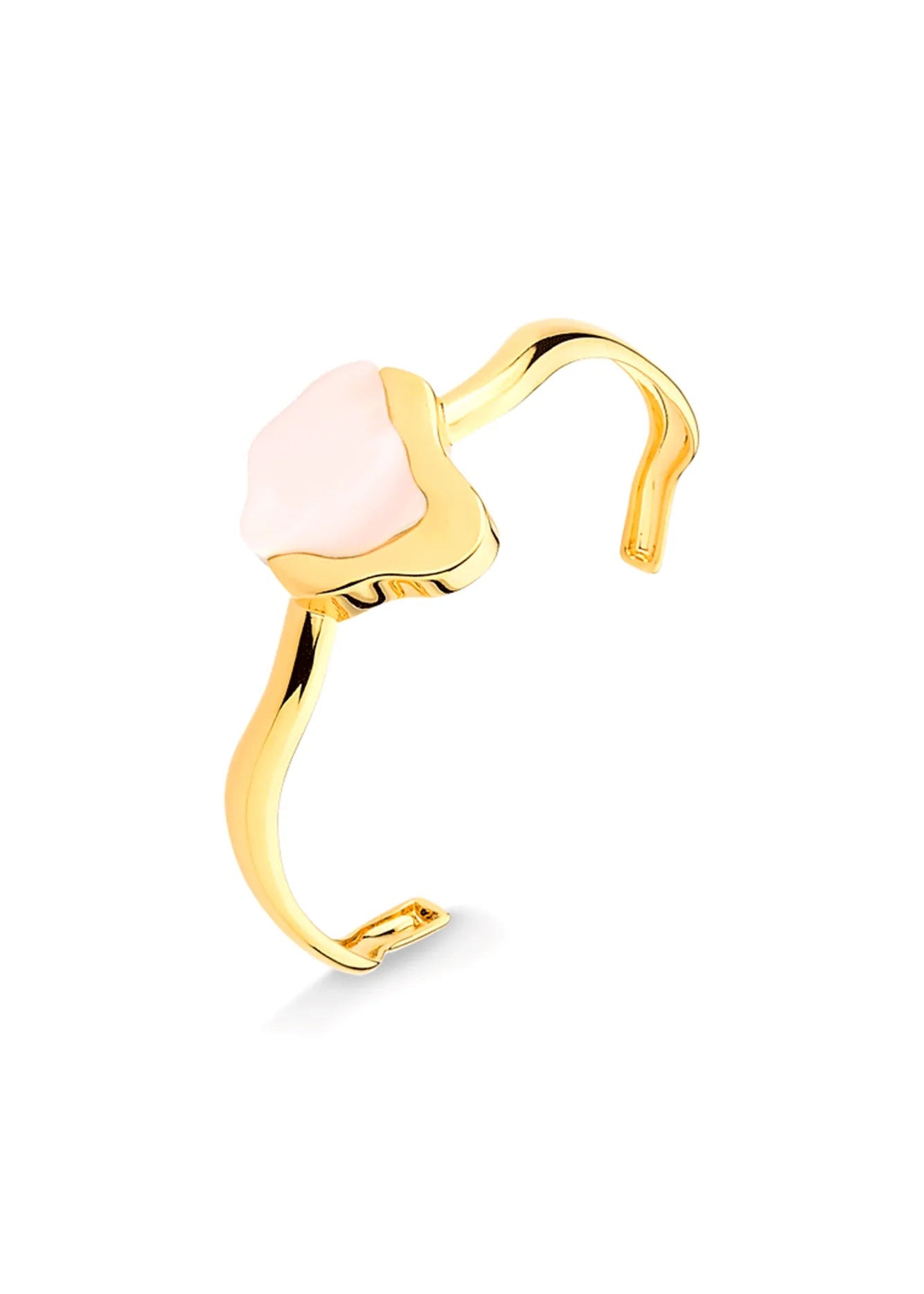 Gold bracelet with a pink stone on a white background