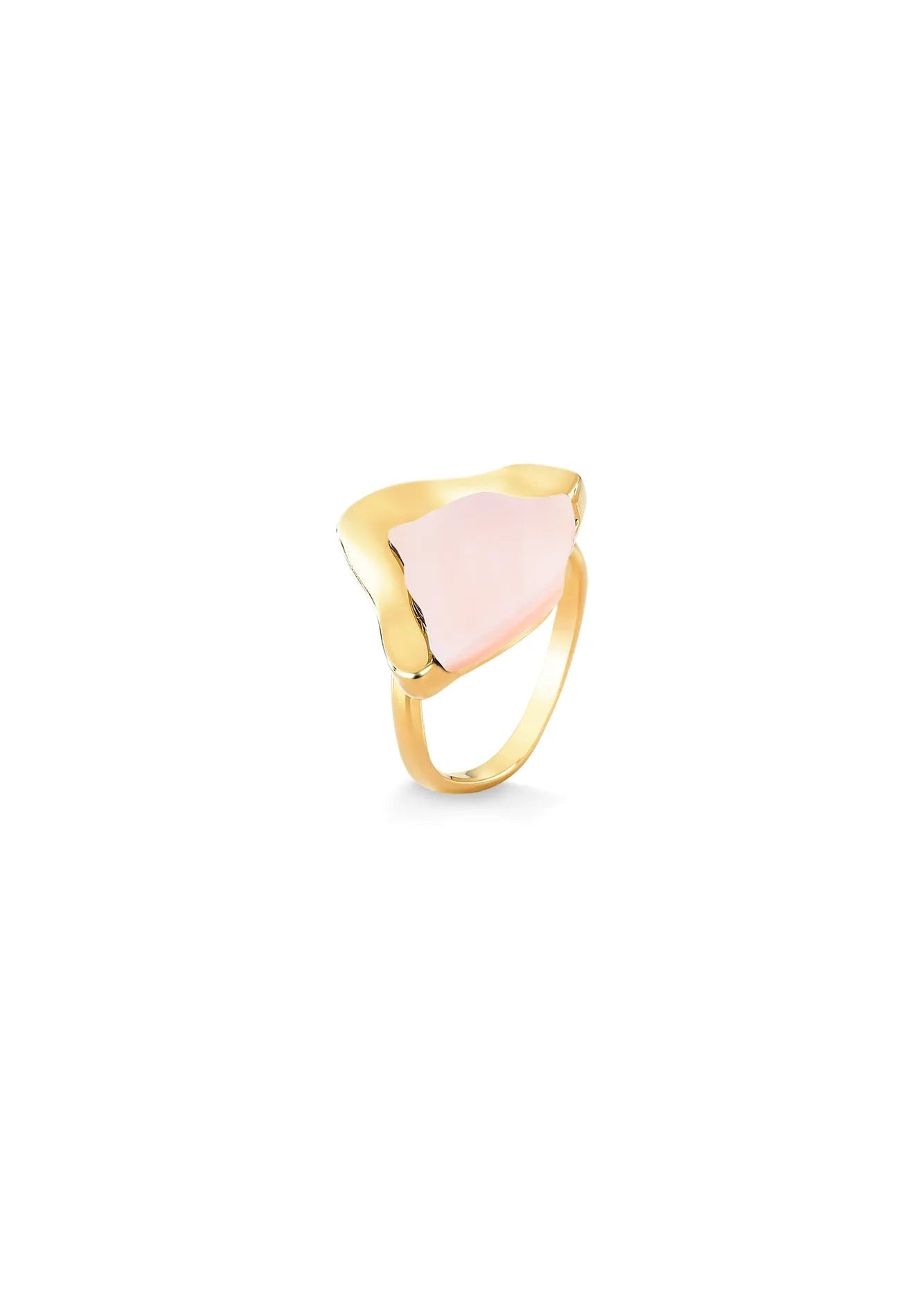 Gold ring with a pink triangular stone on a white background