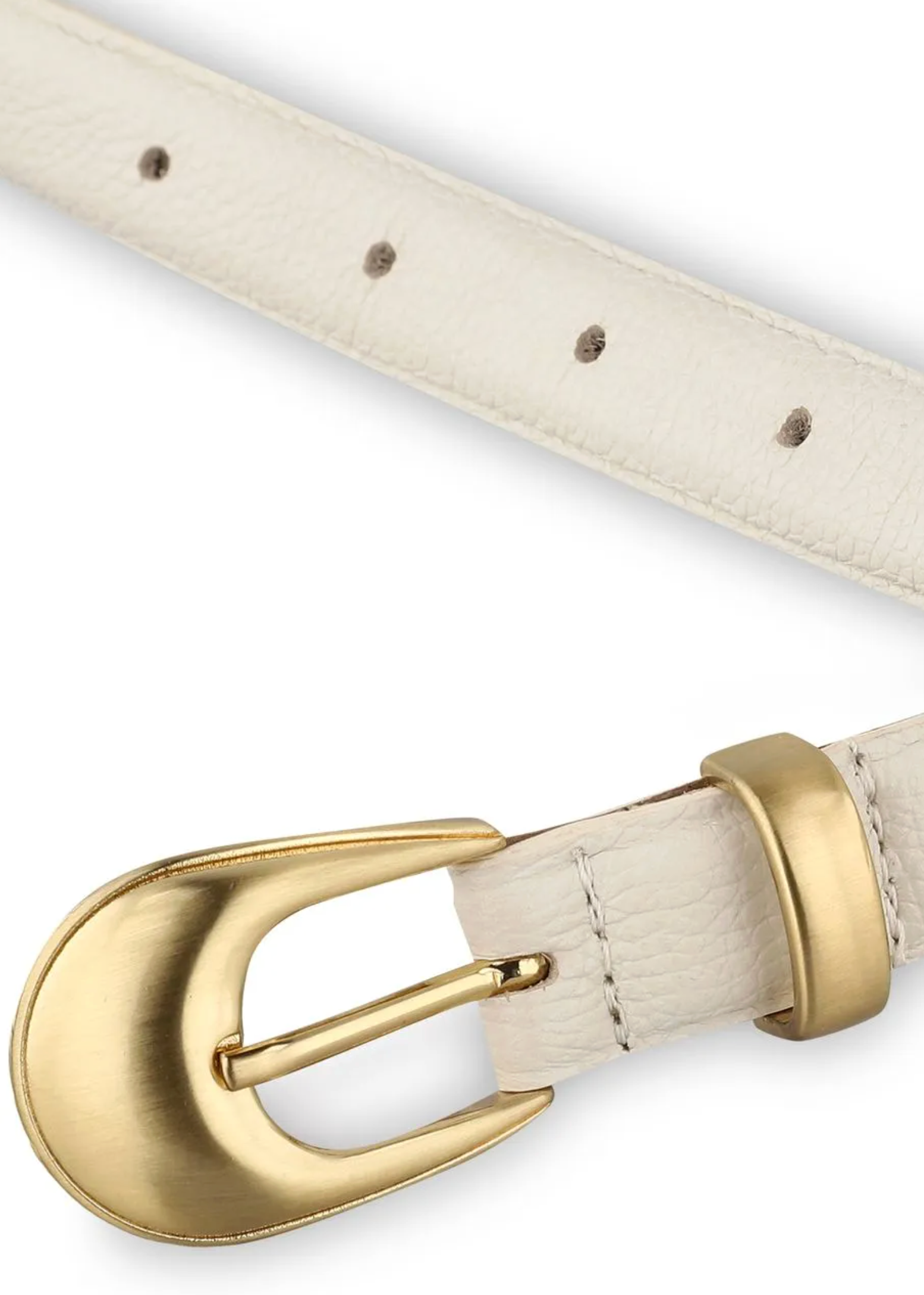 A close-up of a cream-colored textured leather belt with a polished gold-tone buckle and keeper, set against a clean white background.
