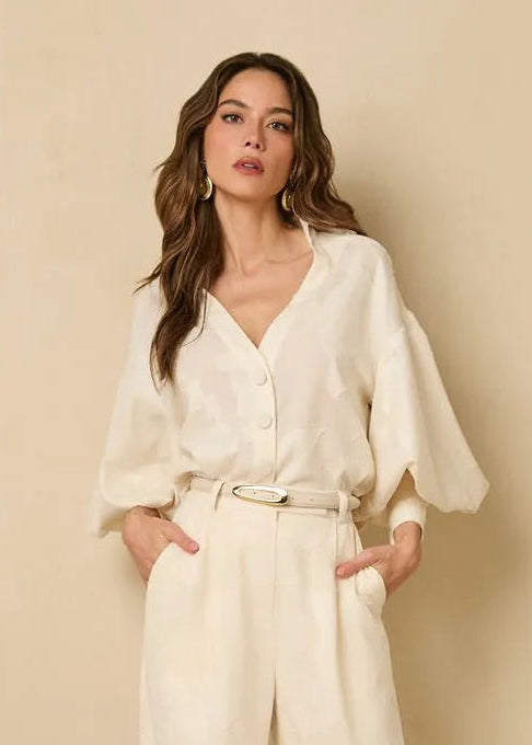 Off White Blouse with floral details and frontal buttons