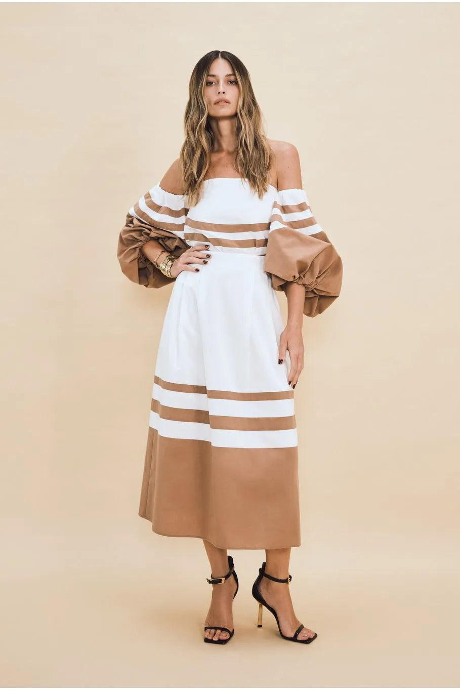 Off White & Camel Floor Midi Skirt