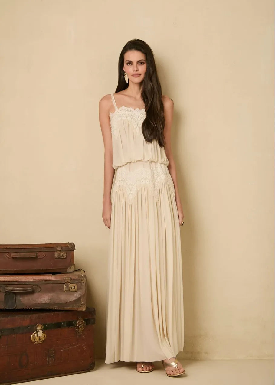 Cream color Long Dress with Lace Details