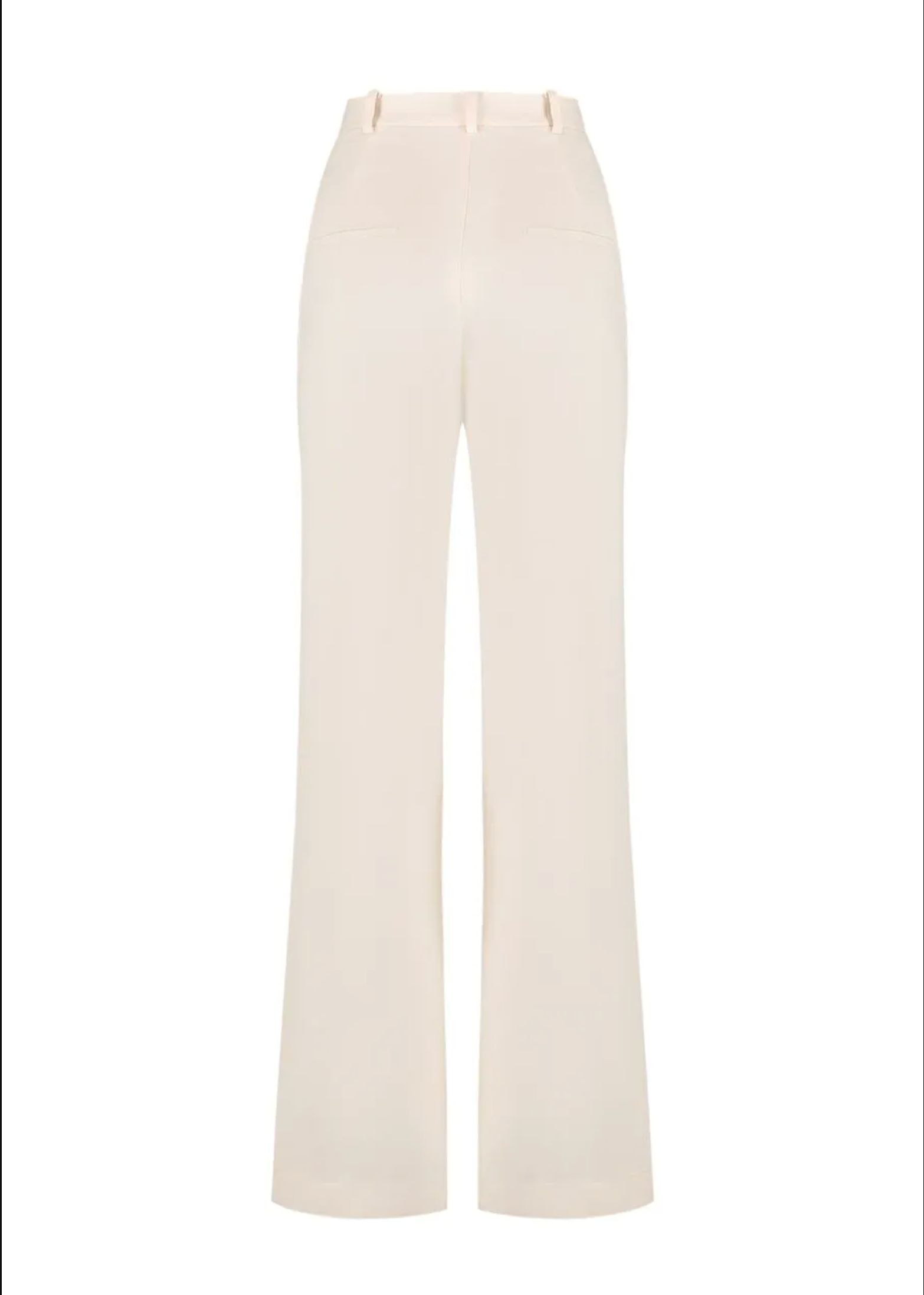 A pair of high-waisted, wide-leg trousers in a light cream or off-white color, shown from the back on a plain white background.