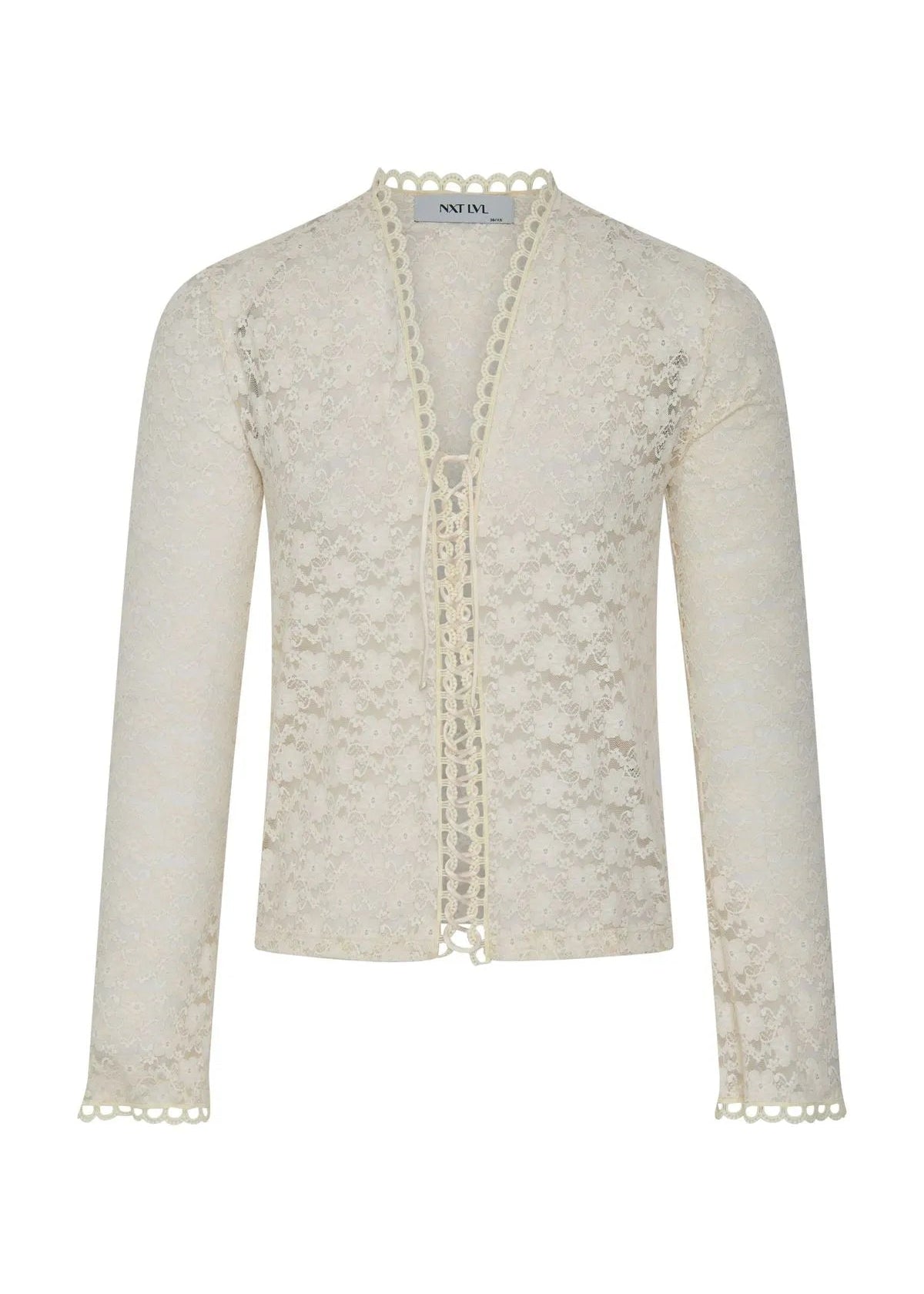 White lace cardigan style blouse on a white background