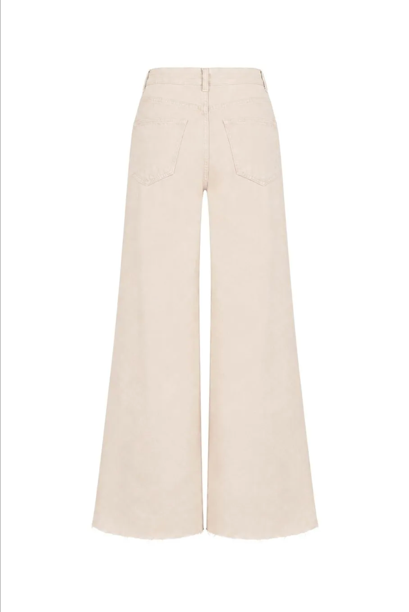 A pair of wide-leg cropped pants in a light cream or off-white color, shown from the back on a solid white background.