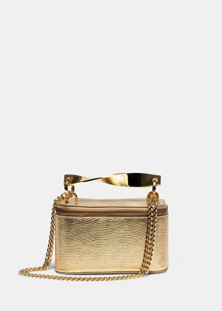 Gold handbag with chain detail on a white background
