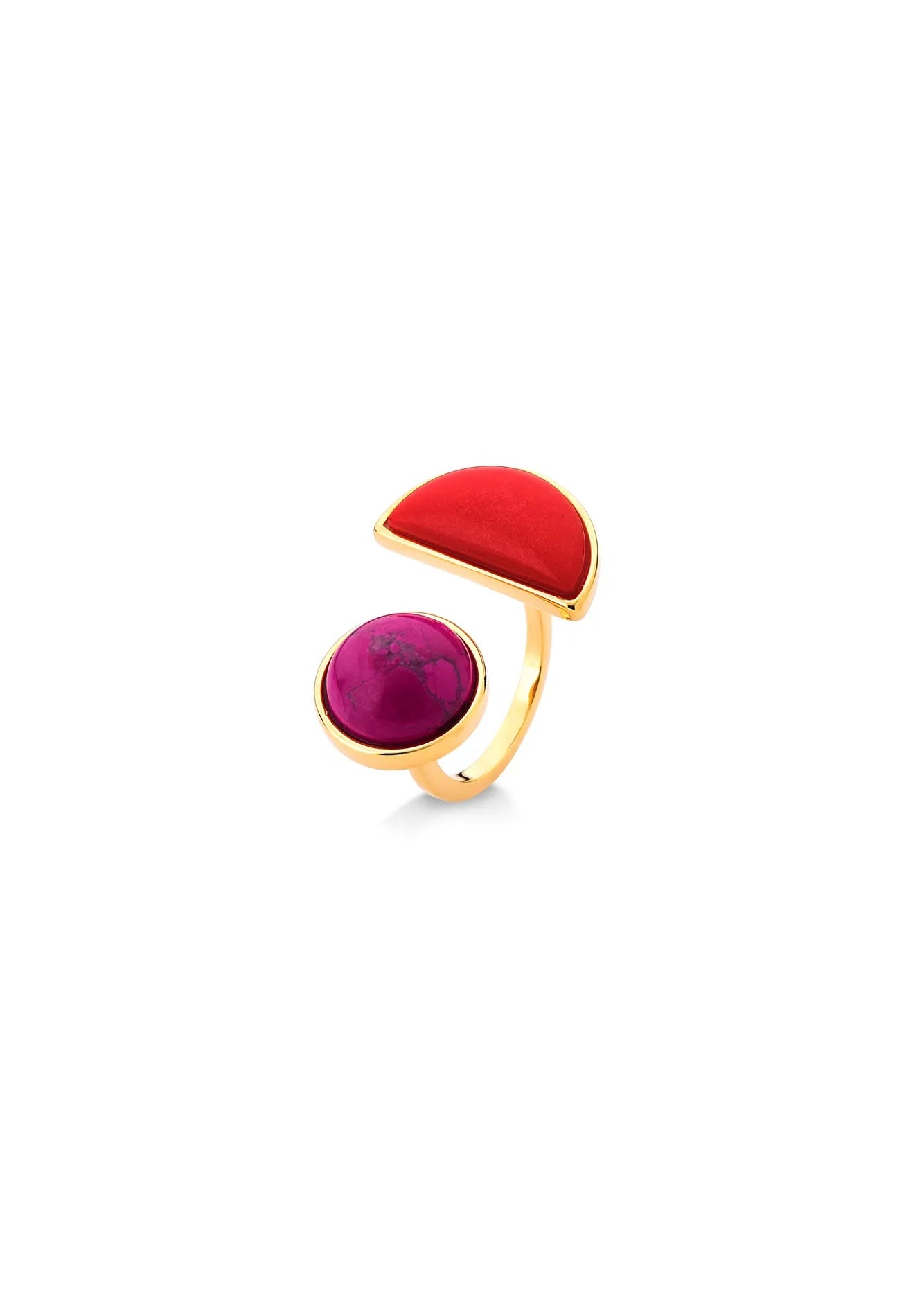 Gold ring with red and pink stones on a white background