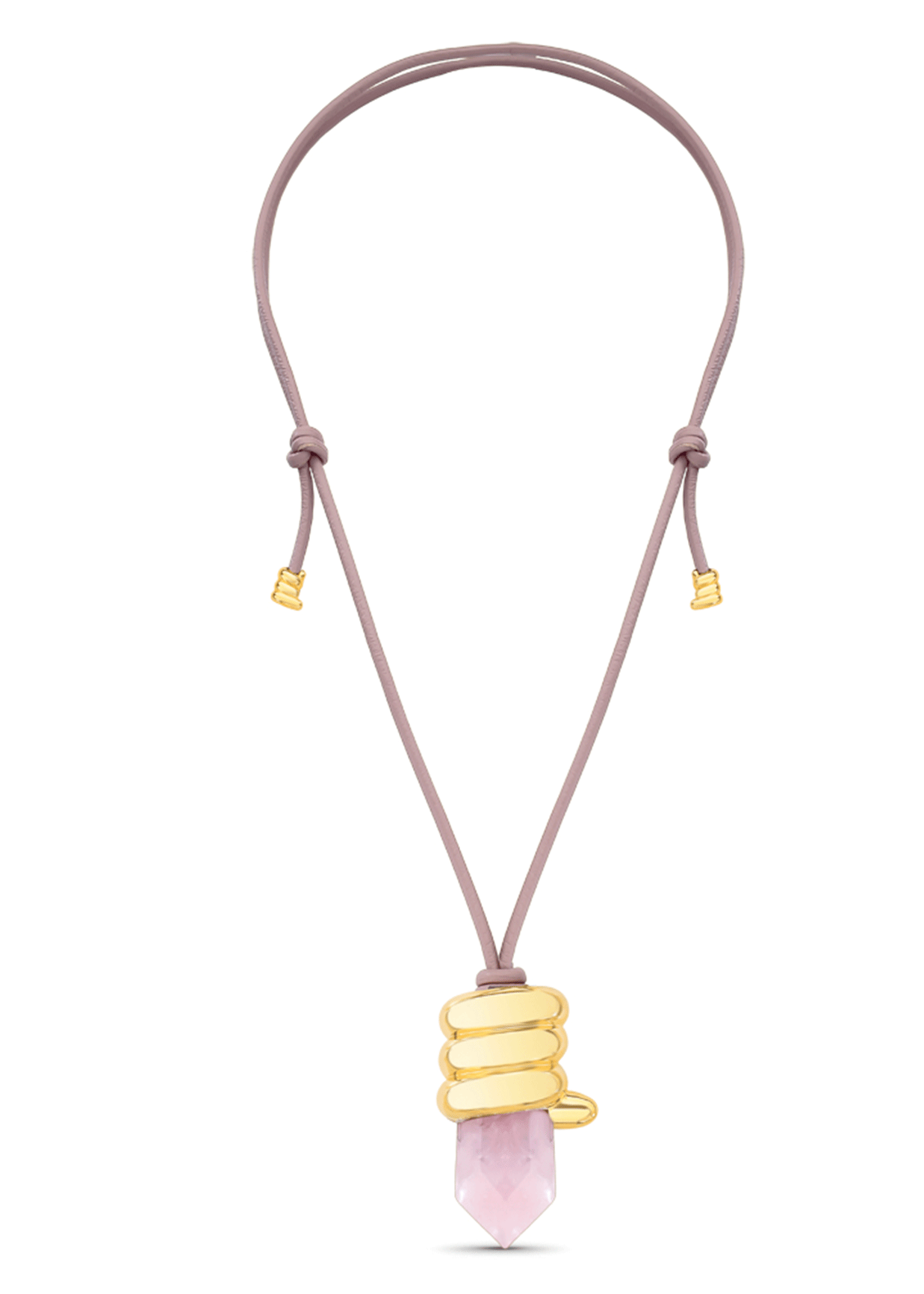Necklace with pink crystal pendant and gold accents on a white background