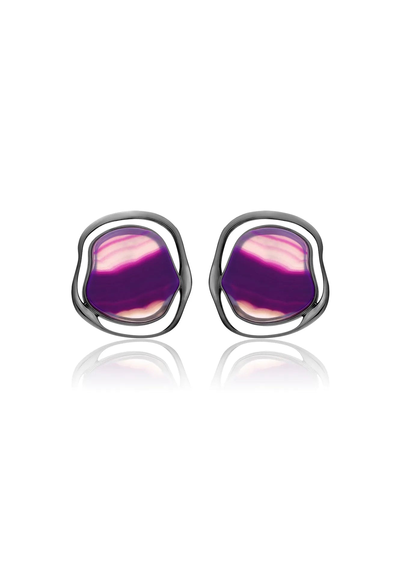 A pair of silver stud earrings with organic, irregularly shaped purple and pink agate stone centers, displayed on a clean white background with a soft reflection below.