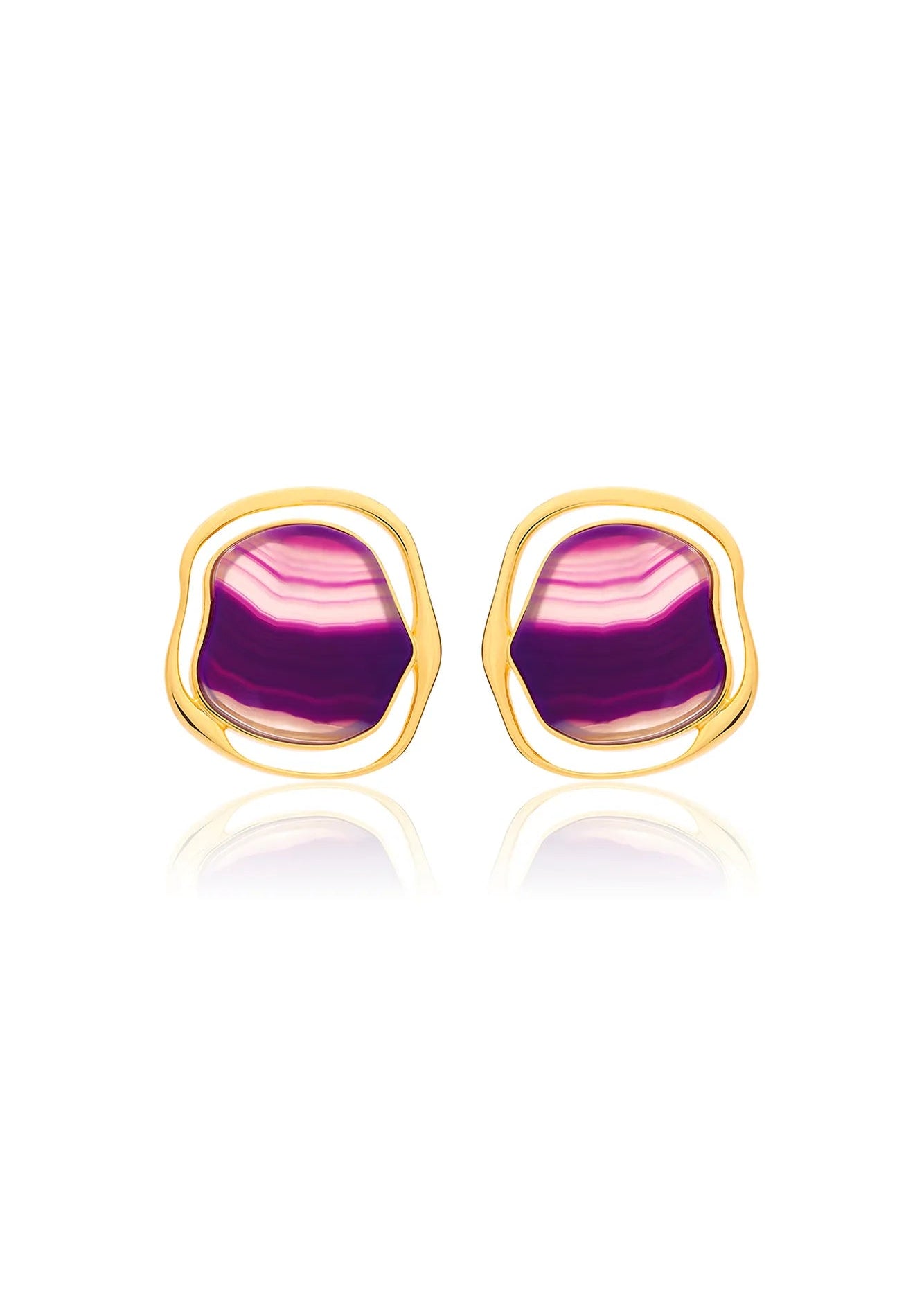 Pair of gold-framed purple stone earrings on a white background