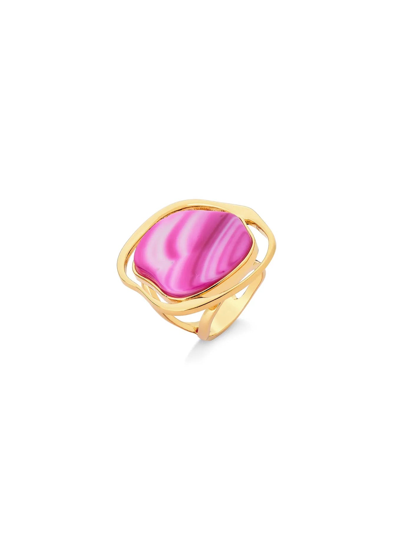 Gold ring with a pink gemstone on a white background