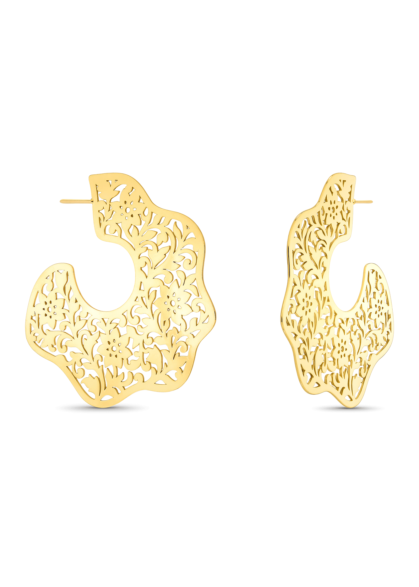 Gold hoop earrings with intricate designs on a white background