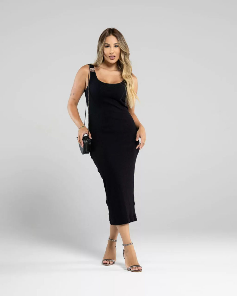 Black Ribbed Midi Dress Metal Strap