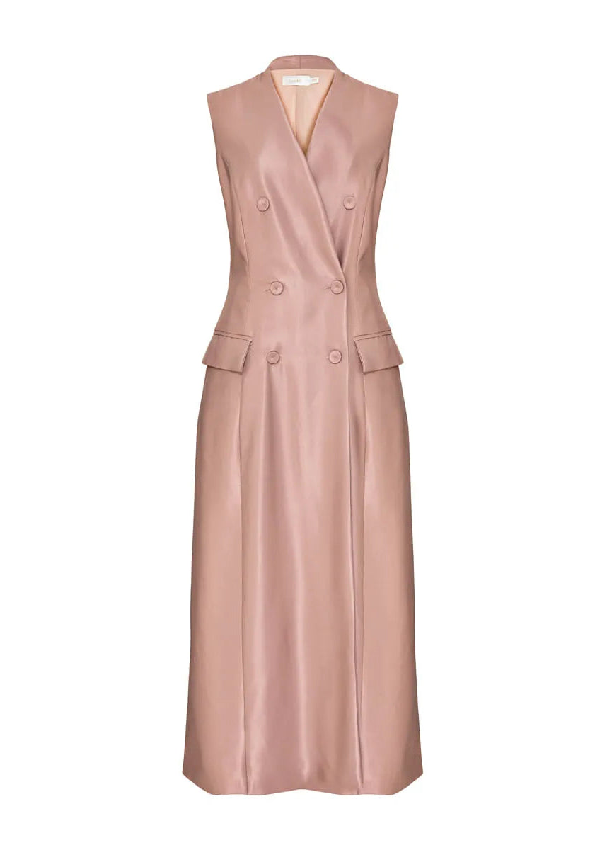 Pink sleeveless dress with button details on a white background