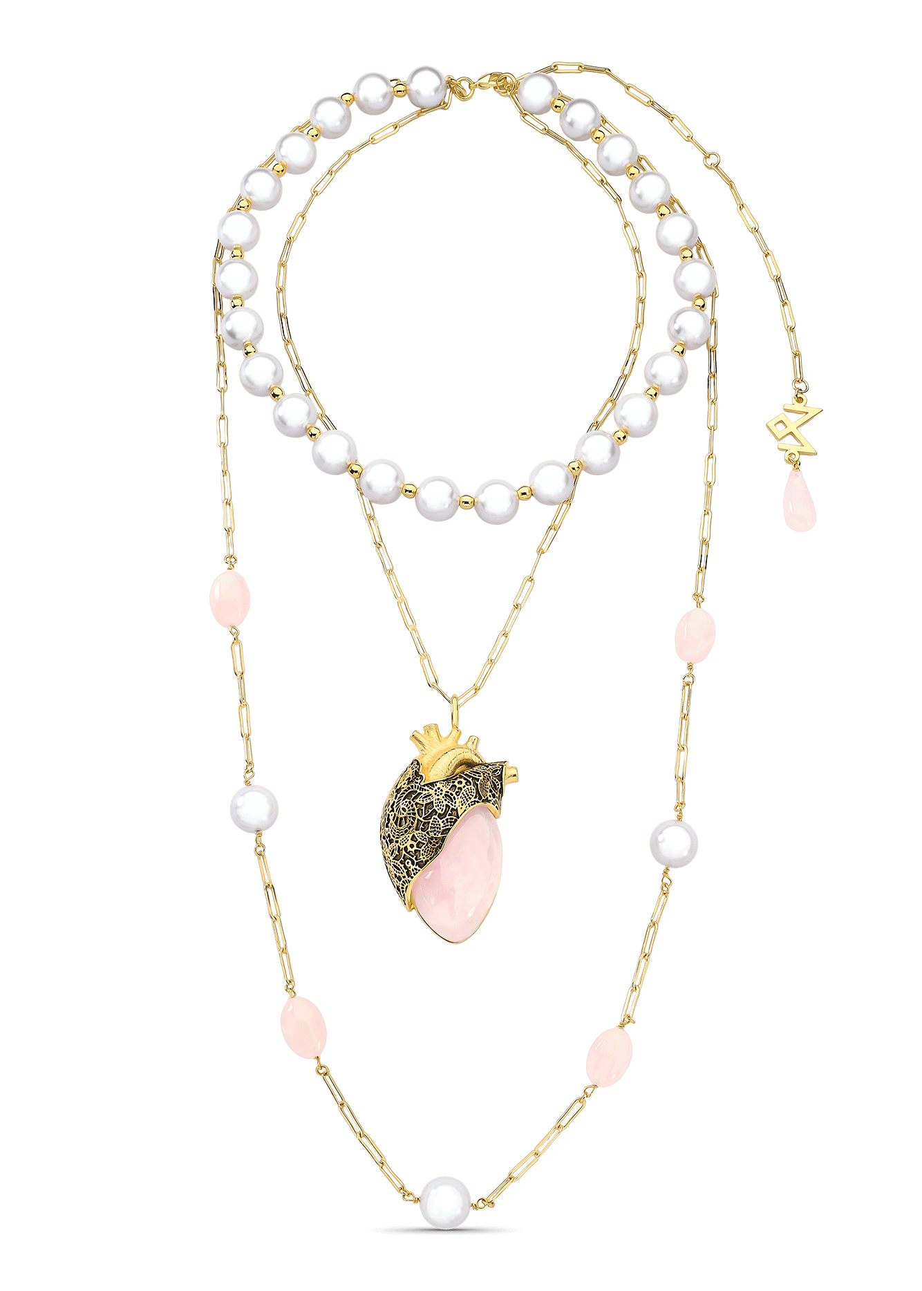 Multistrand necklace with heart pendant and pink stones on a white background