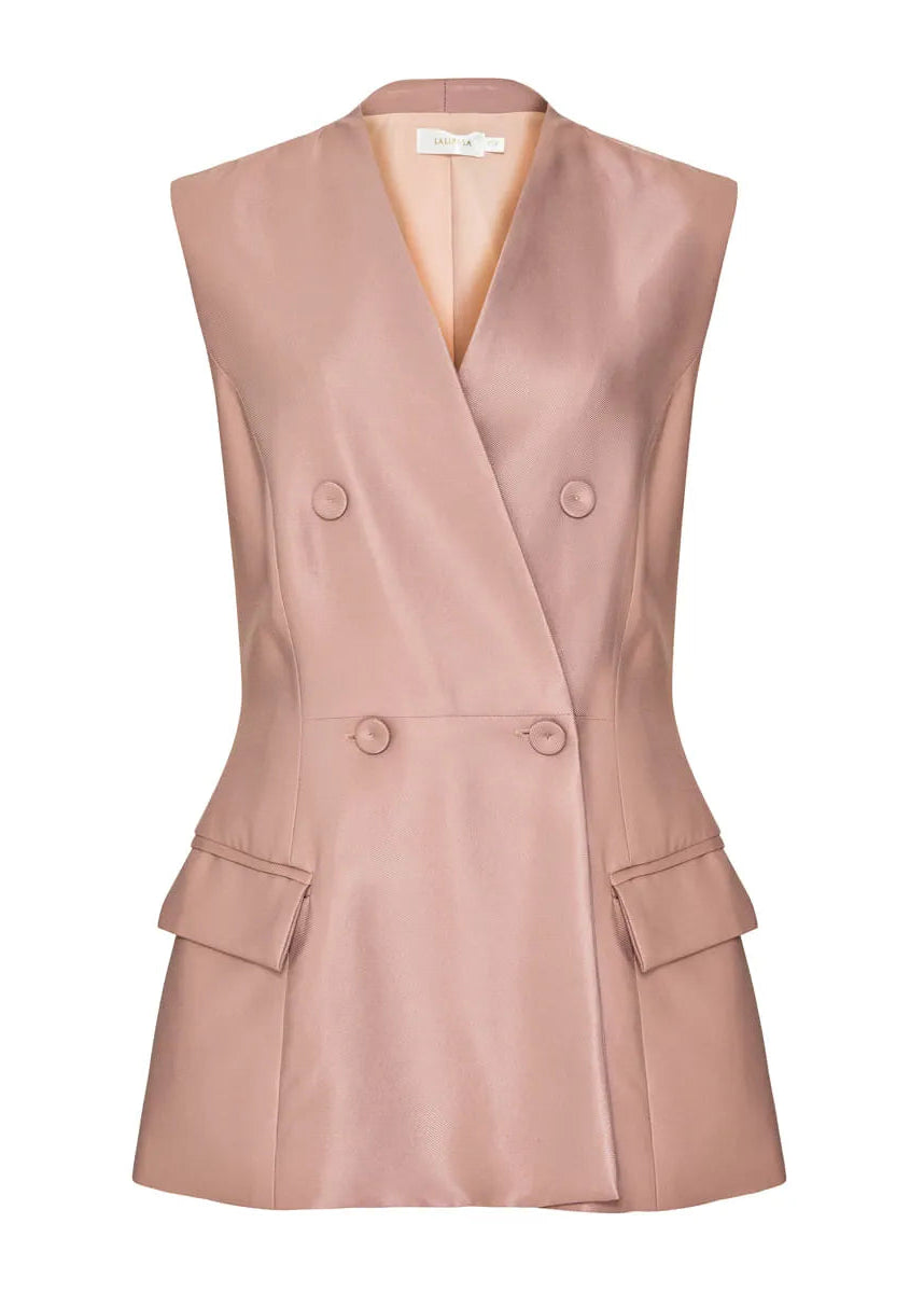 Pink vest with button details on a white background