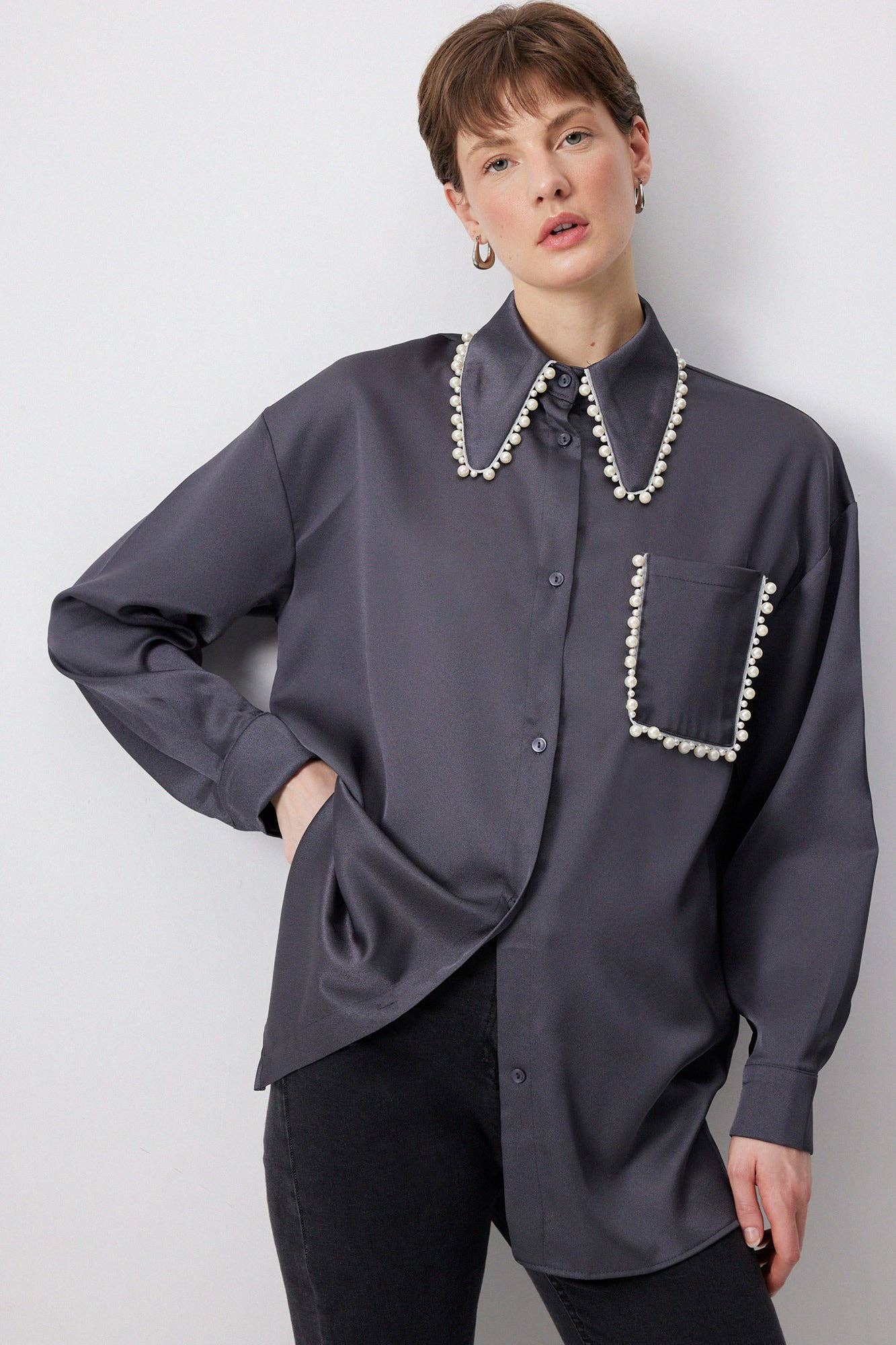 Satin Shirt Pearl Collar