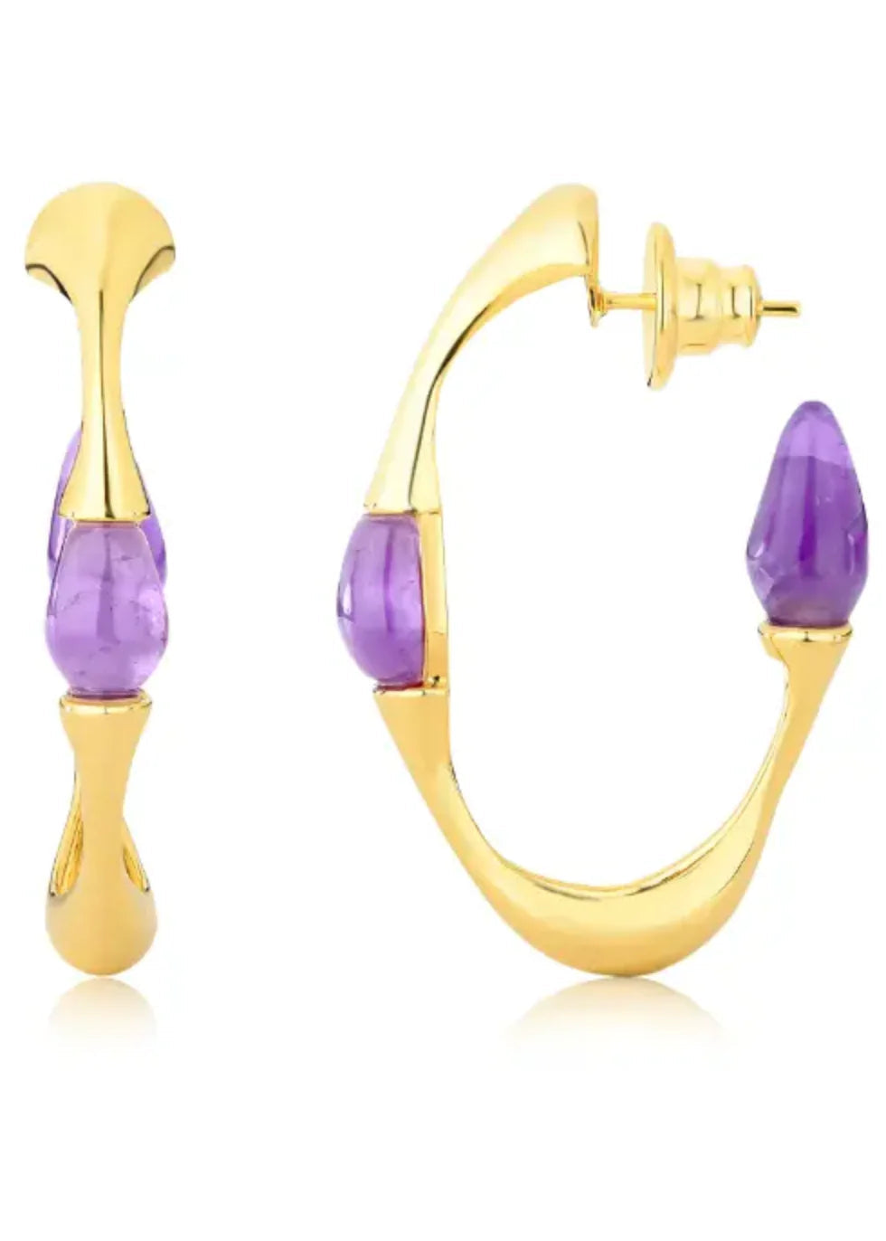 Gold hoop earrings with purple gemstones on a white background