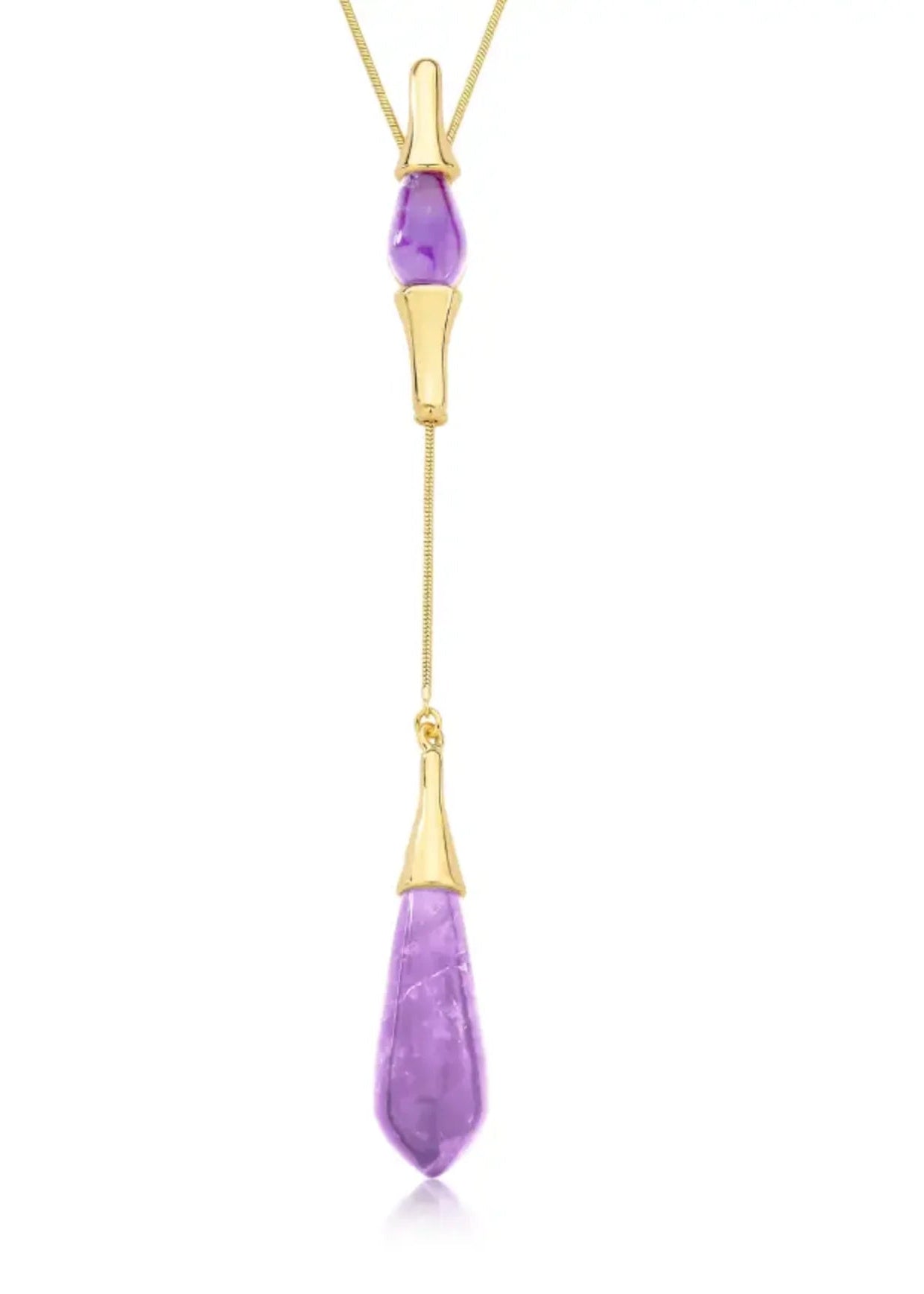 Gold necklace with purple teardrop-shaped pendant on a white background