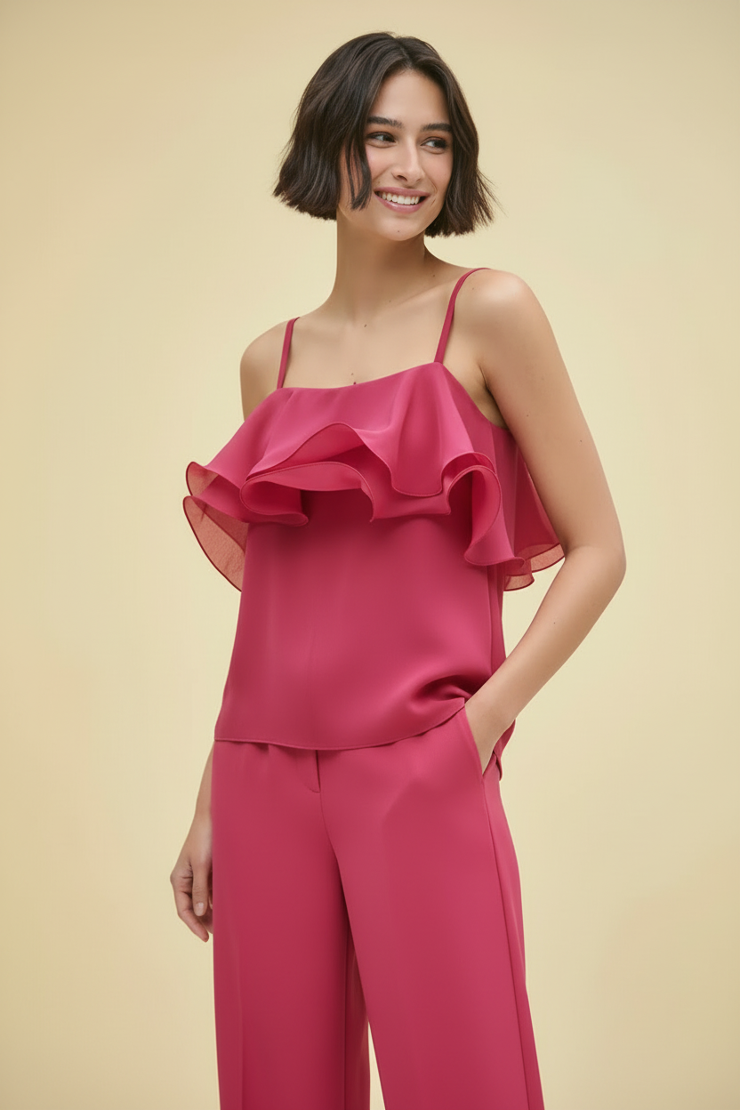 A woman wearing a black ruffled camisole top with thin straps and matching black pants, standing against a solid light beige background.