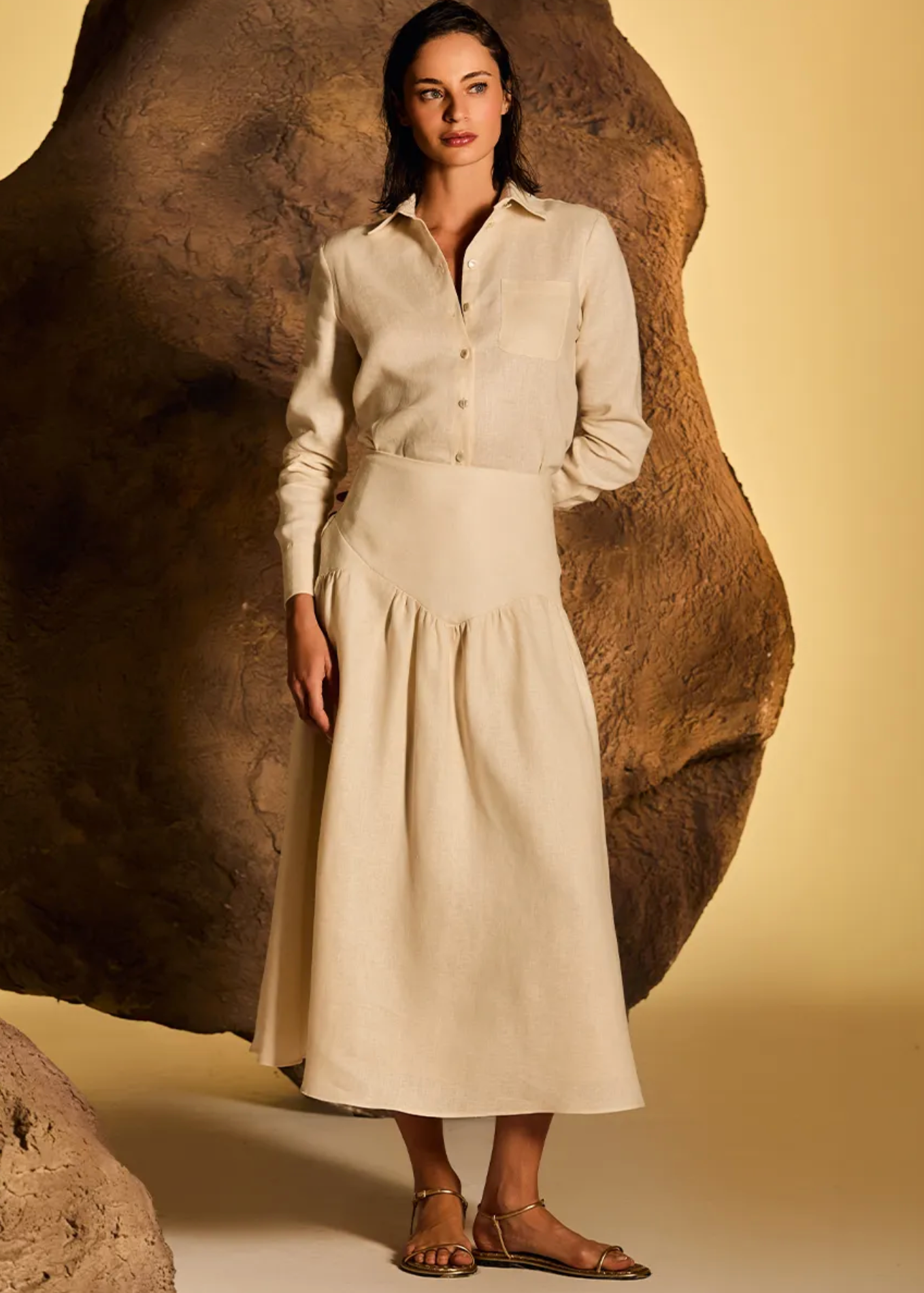 Off White Linen Midi Skirt