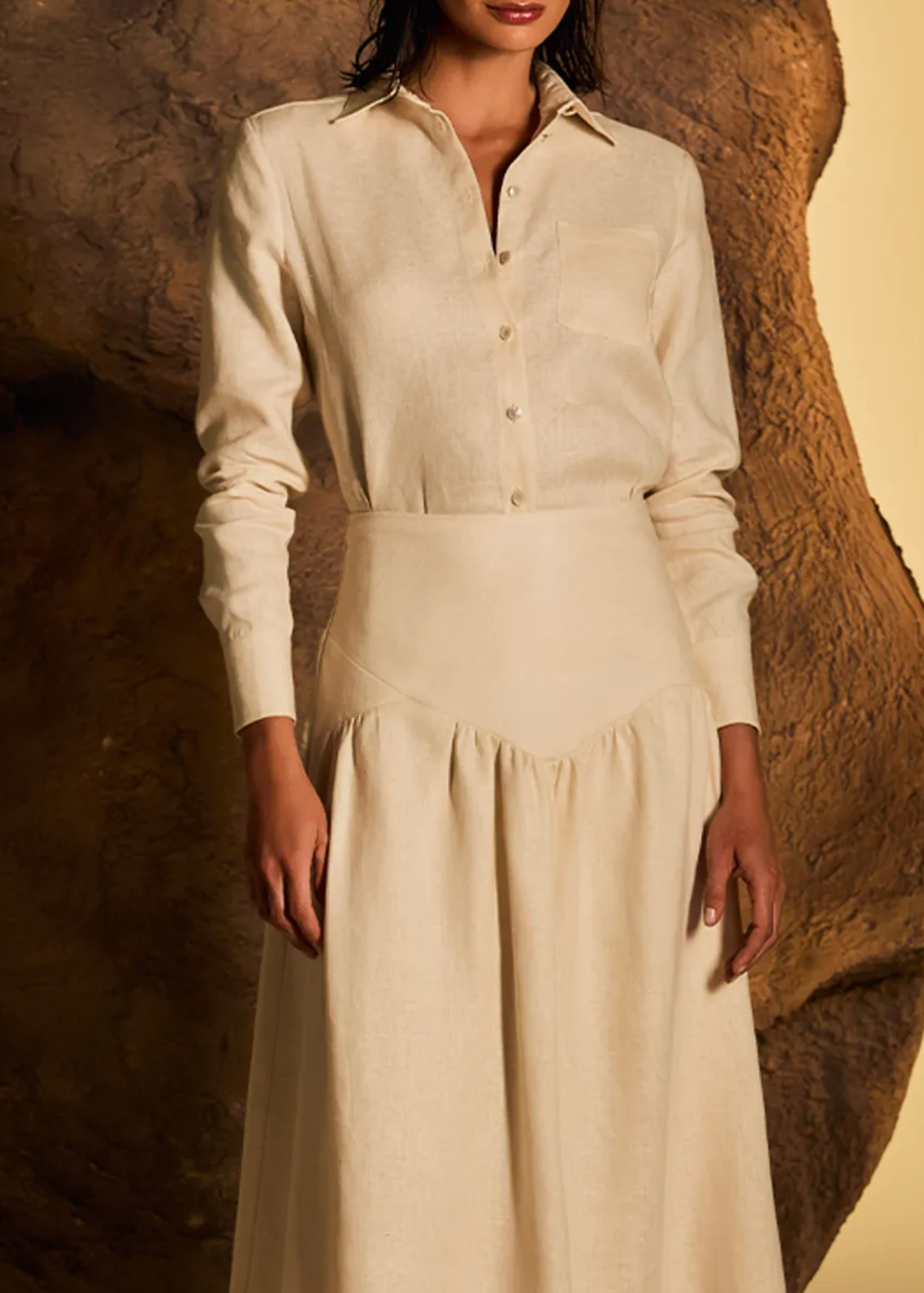Off White Linen Midi Skirt