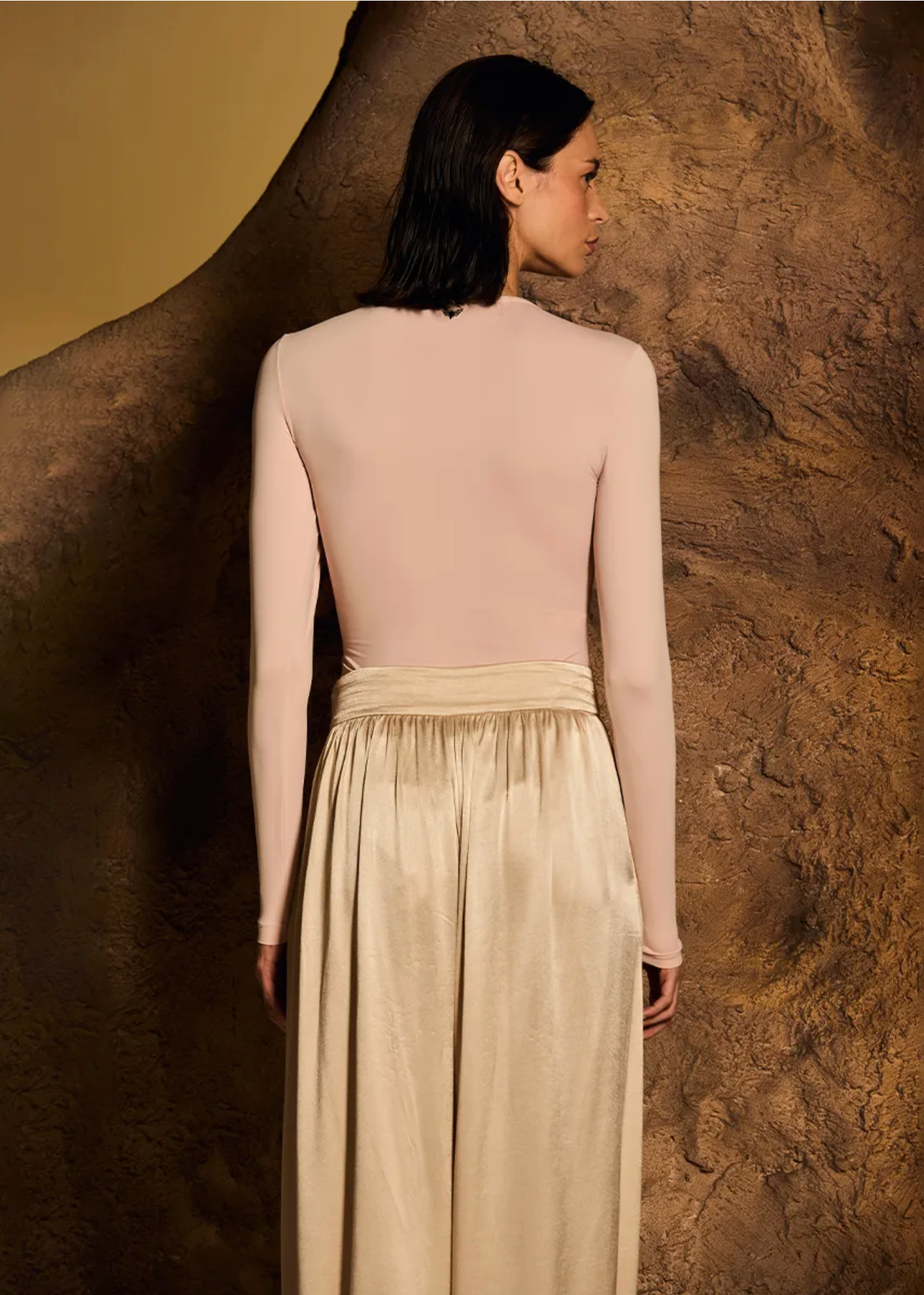 A model is shown from behind wearing a pale blush long-sleeve top and a champagne beige satin skirt, posed against a textured brown rock wall.