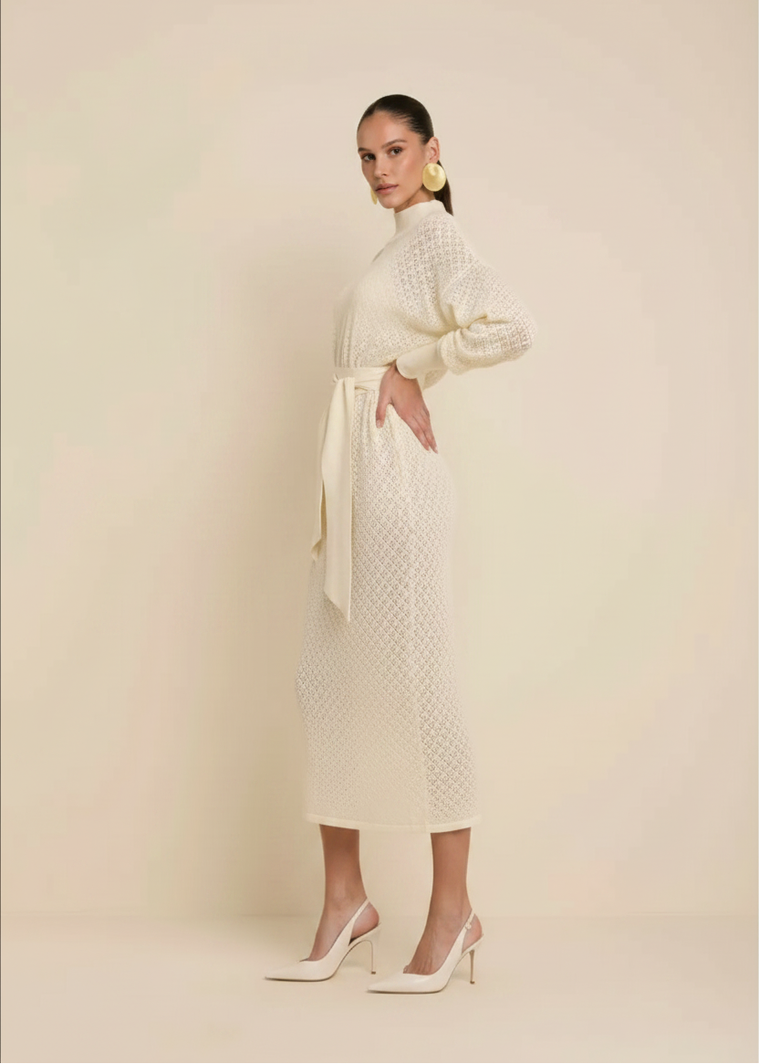 Off White Knit Turtleneck Dress
