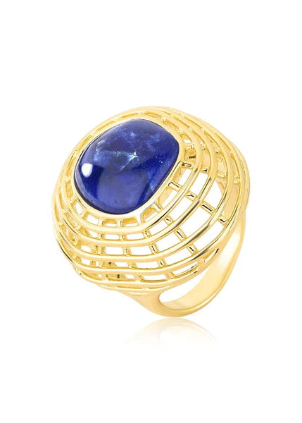 A gold ring featuring a large oval cabochon blue gemstone, surrounded by a textured, openwork basket-like gold setting, shown on a plain white background.
