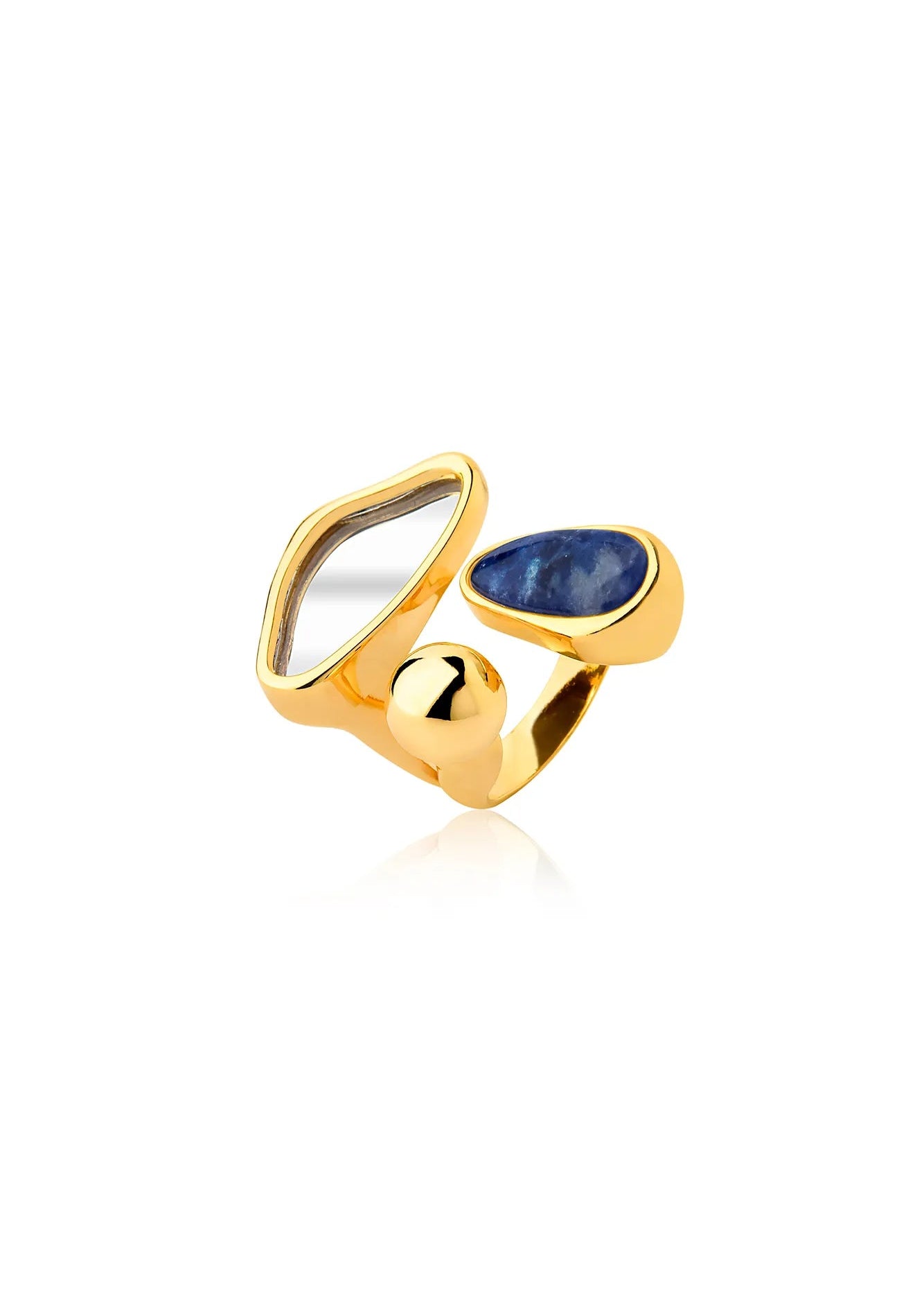 Gold ring with a blue stone on a white background