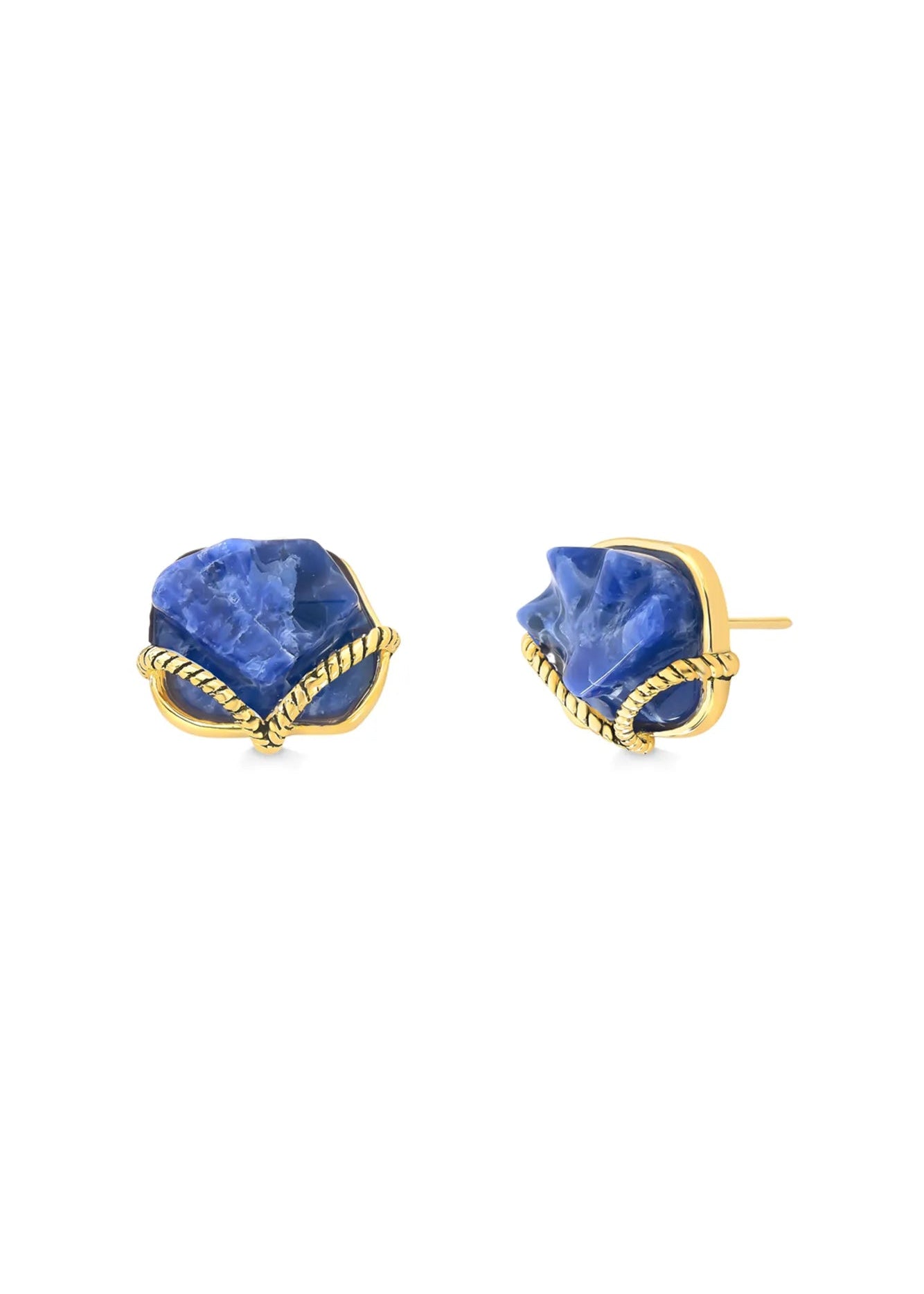 Pair of blue stone earrings with gold accents on a white background