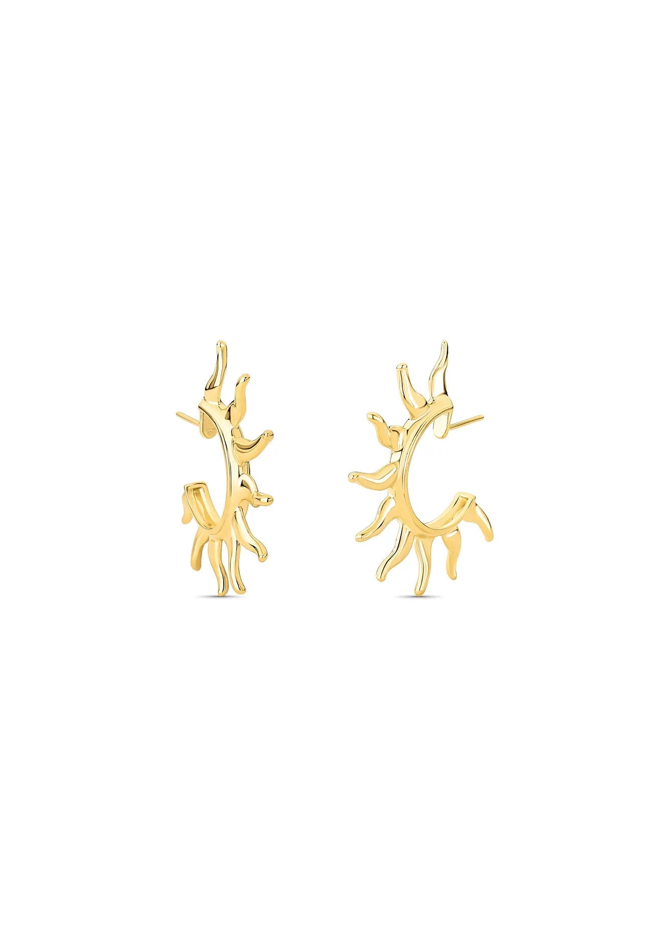 Gold sun-shaped earrings on a white background