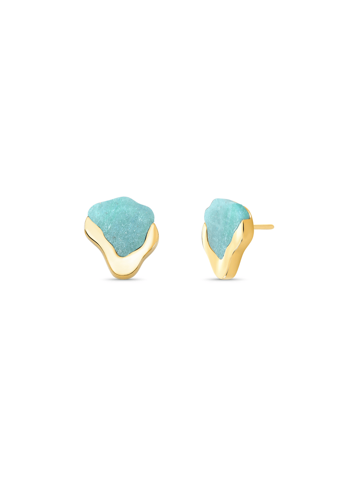 Turquoise heart-shaped earrings with gold accents on a white background