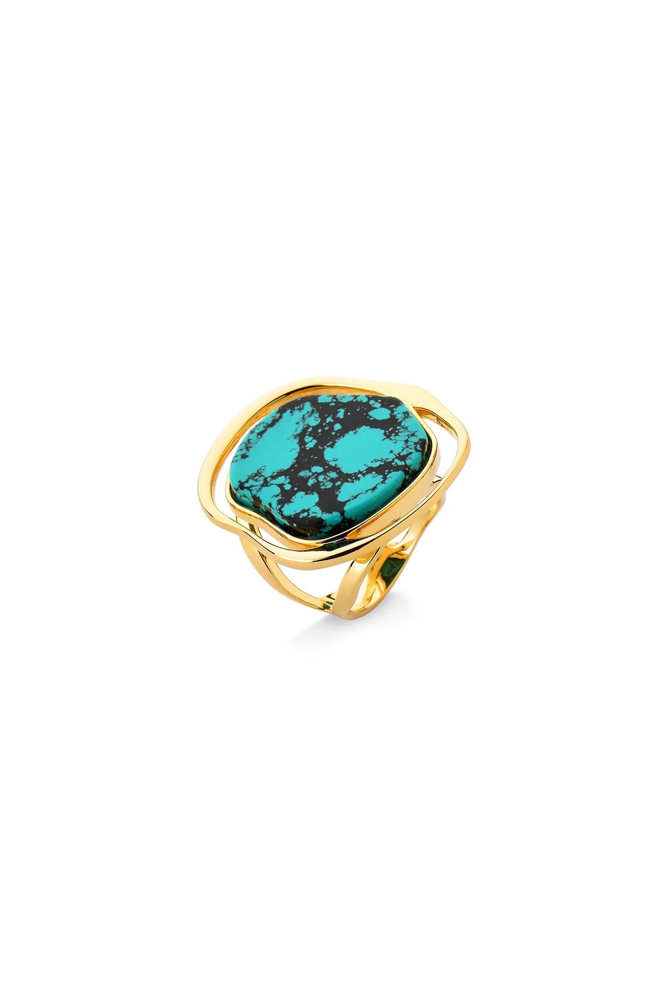 A gold ring featuring an irregular, polished turquoise stone with black matrix patterns, set in a twisted band on a white background.